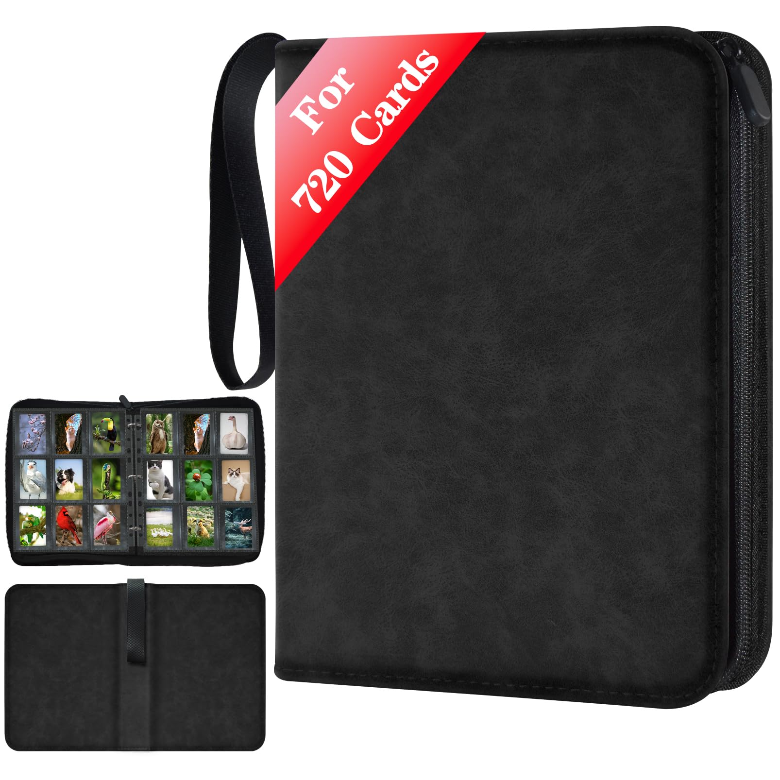 JUSONEY Trading Card Binder With 9-Sided Holder for 720 Cards - Album Zipper Binder for MTG Playing and Sports Cards (Black)