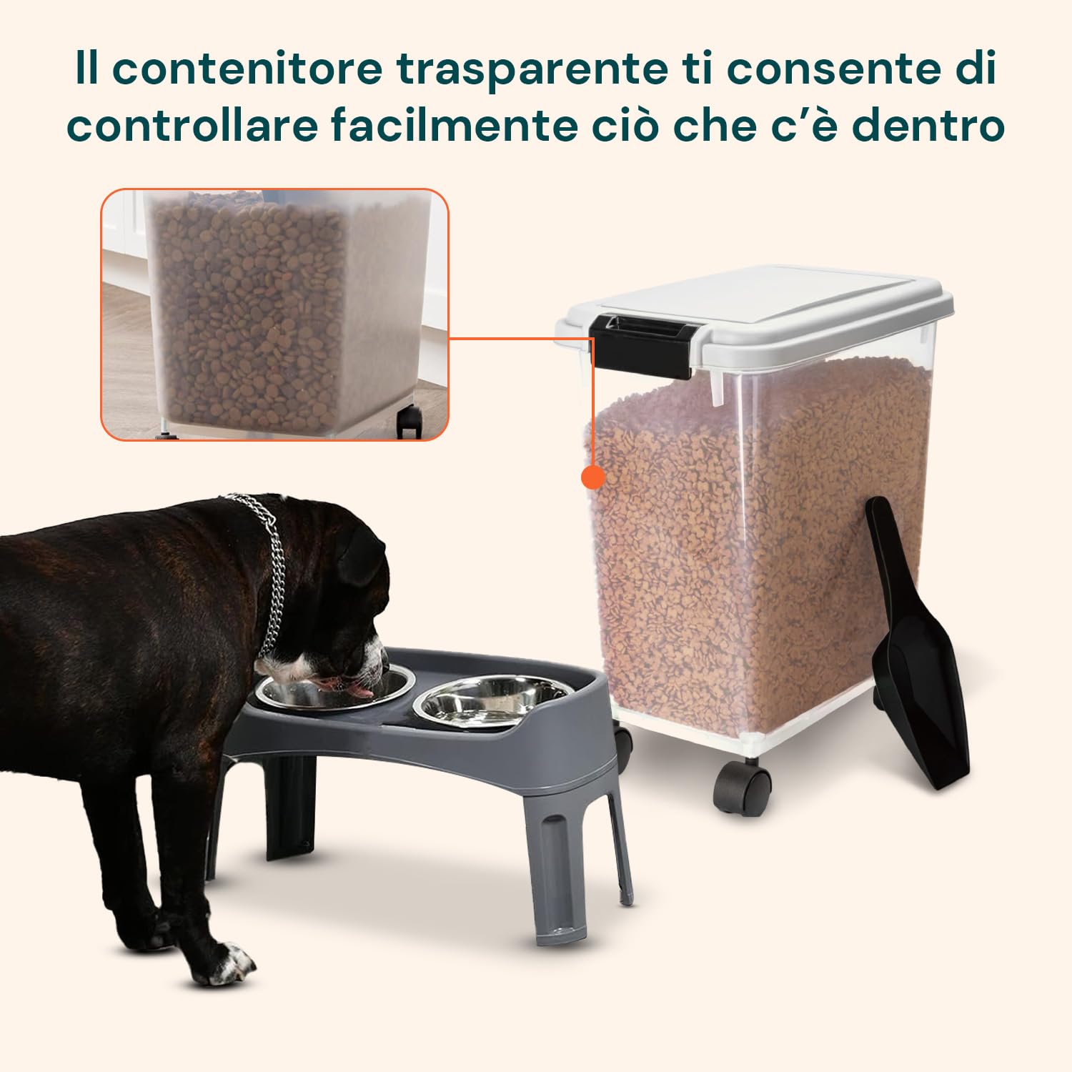 Avilia Contenitore Crocchette Cane e Gatto 18L circa 7-8kg - Porta Cibo Secco Ermetico con Ruote Rimovibili - Secchio Salvaspazio Anti-Umidità e Anti-Odore - Include Paletta Dosatrice - Trasparente