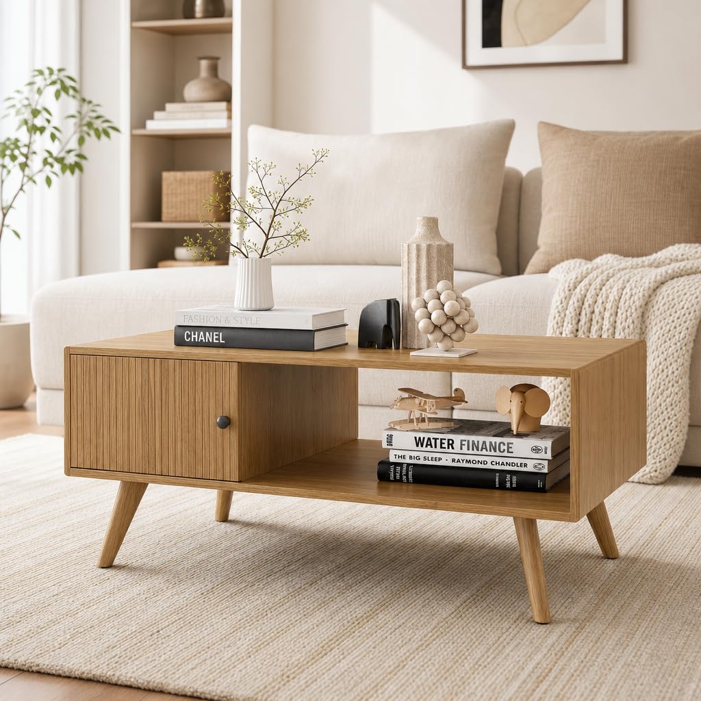 Manora Oak Coffee Table Storage Grooved Doors Open Shelf Wood Legs