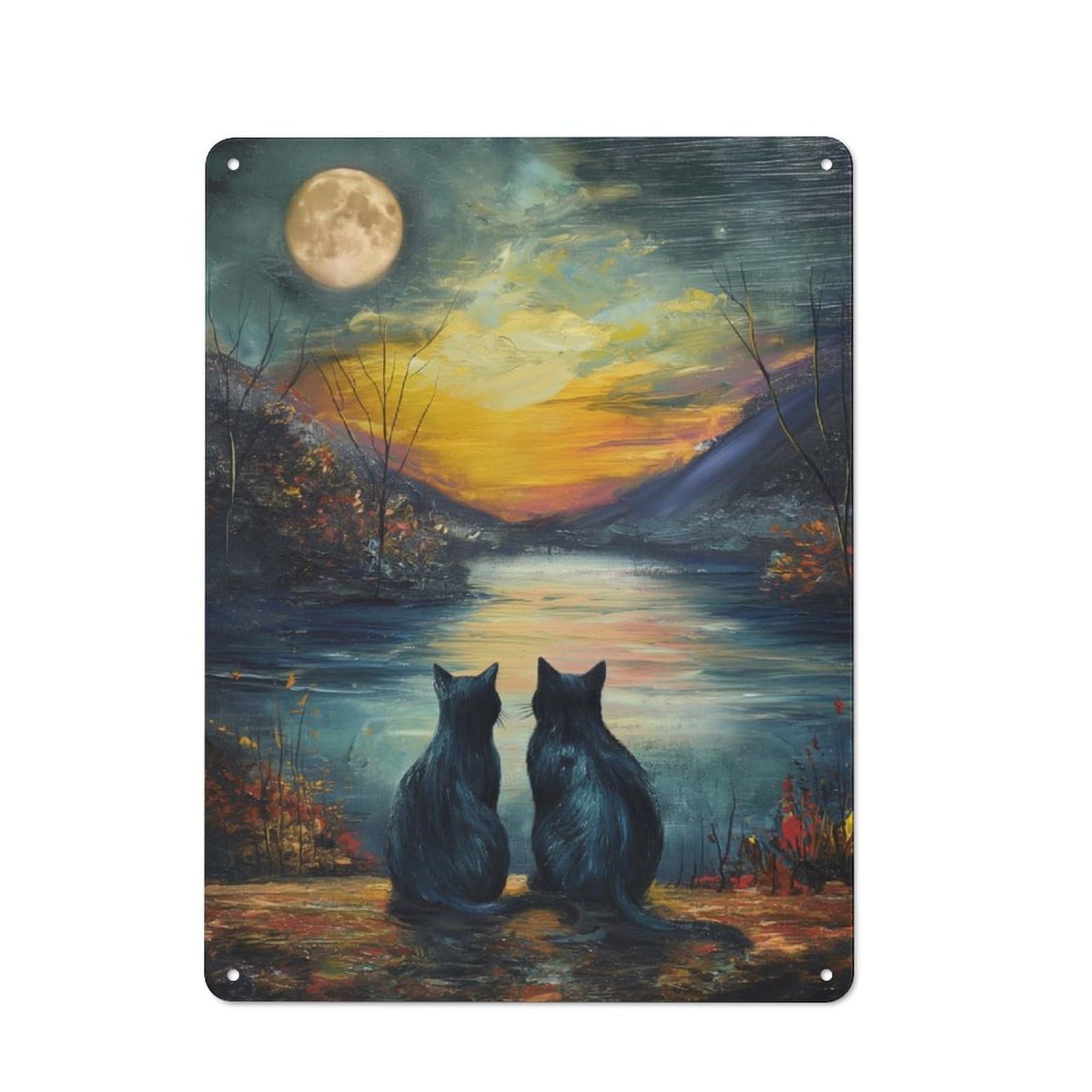 Junmoney Black Cats Moon Industrial Decorative Metal Plaque 40X30cm, Studio Wall Art For Flat, Bar, Studio Or Gallery Wall