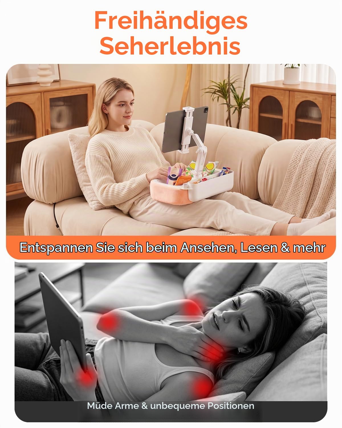 iPad Kissenständer für Bett & Schoß – [270° 360° verstellbar][abnehmbar], freihändiger Tablet-Halter mit Snackschalen, Pink, kompatibel mit 5,4-8,8" iPad, Kindle, Handy, Switch