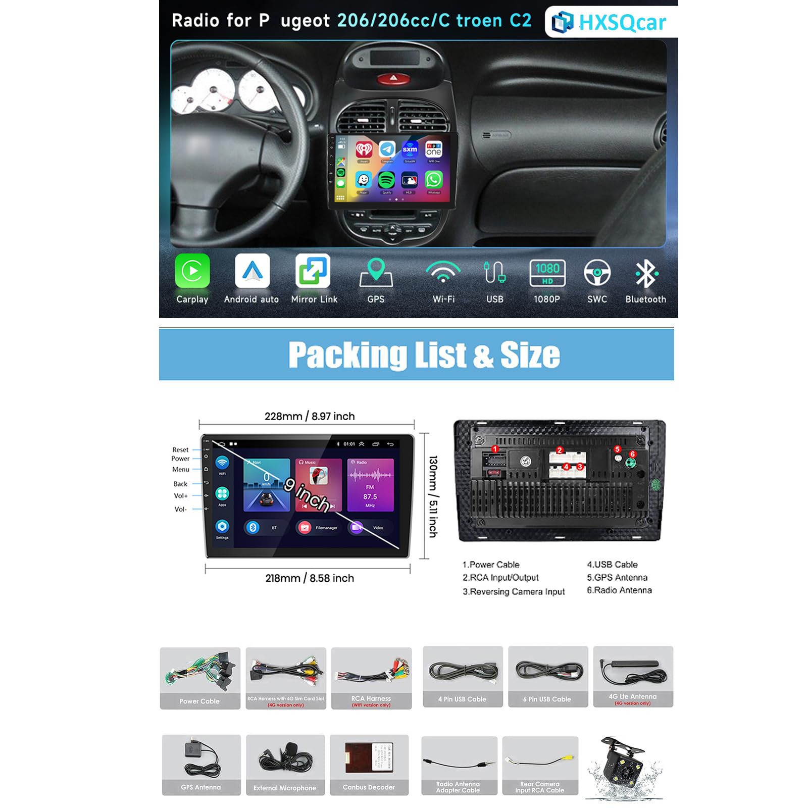 8-rdzeniowy [4G+64G] Android 14 Car Radio Navi do P-eugeot 206/ 206cc/ C-itroen C2 (2002-2010) 9" ekran radiowy z nawigacją samochodową z systemem Android z nawigacją GPS z Bluetooth HIFI FM 5G-WiFi