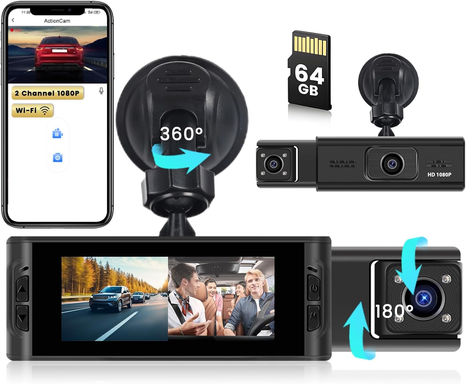 Inefala Cámara Dual para Carro FHD 1080P con Tarjeta 64GB