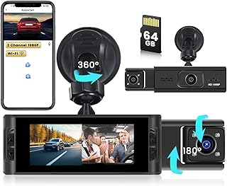 Inefala Dual Auto Kamera mit 3.16 Zoll IPS, Dashcam Auto Vorne Innen mit 64GB SD Karte, Autokamera FHD 1080P mit integriertem WLAN/App, WiFi Dashcam mit Loop-Aufnahme Weitwinkel Nachtsicht