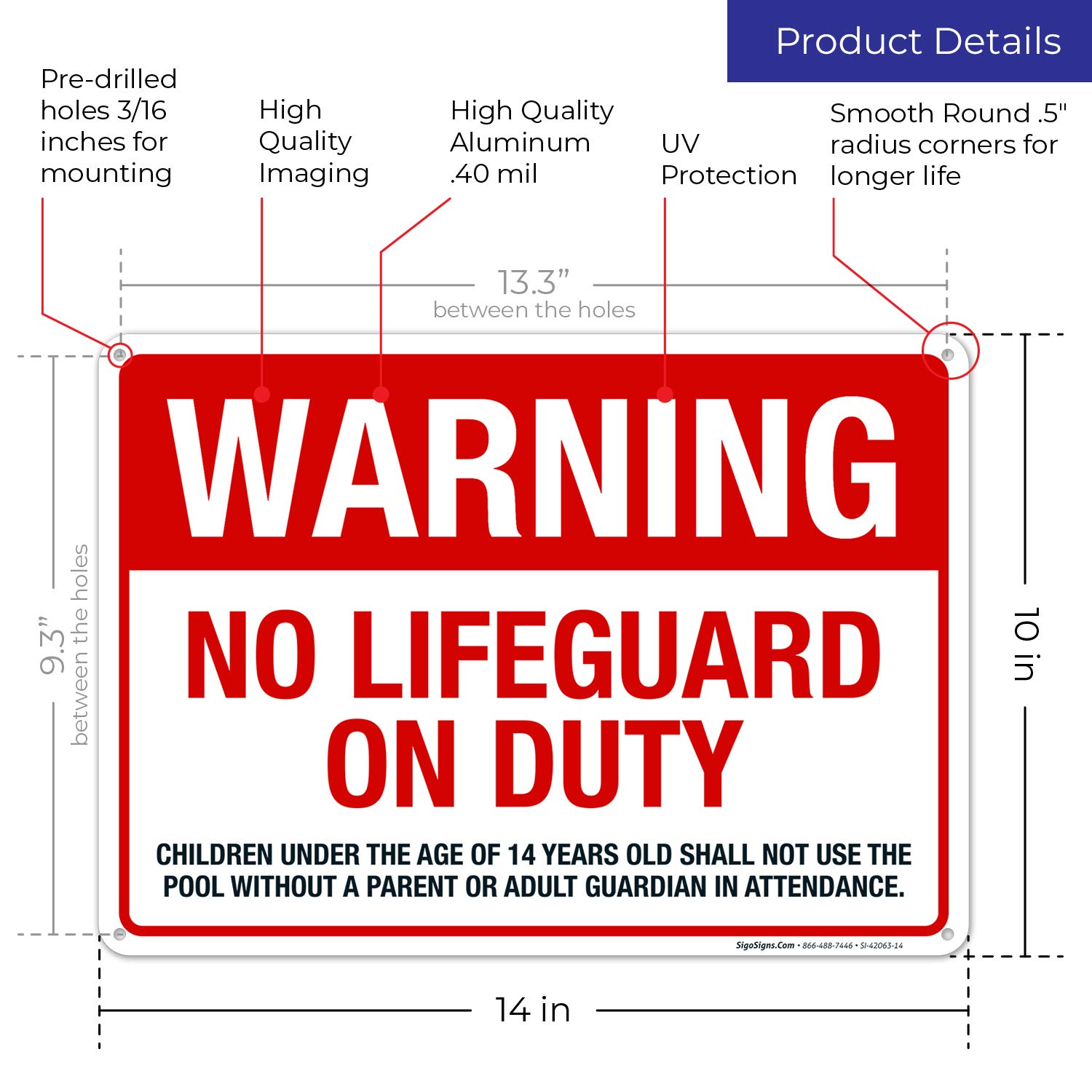 SIGO SIGNS Schild 'No Lifeguard On Duty' – Aluminium, 10 X 14 Cm, UV-Druck, Wetterfest | Einfache Montage, Hergestellt In USA