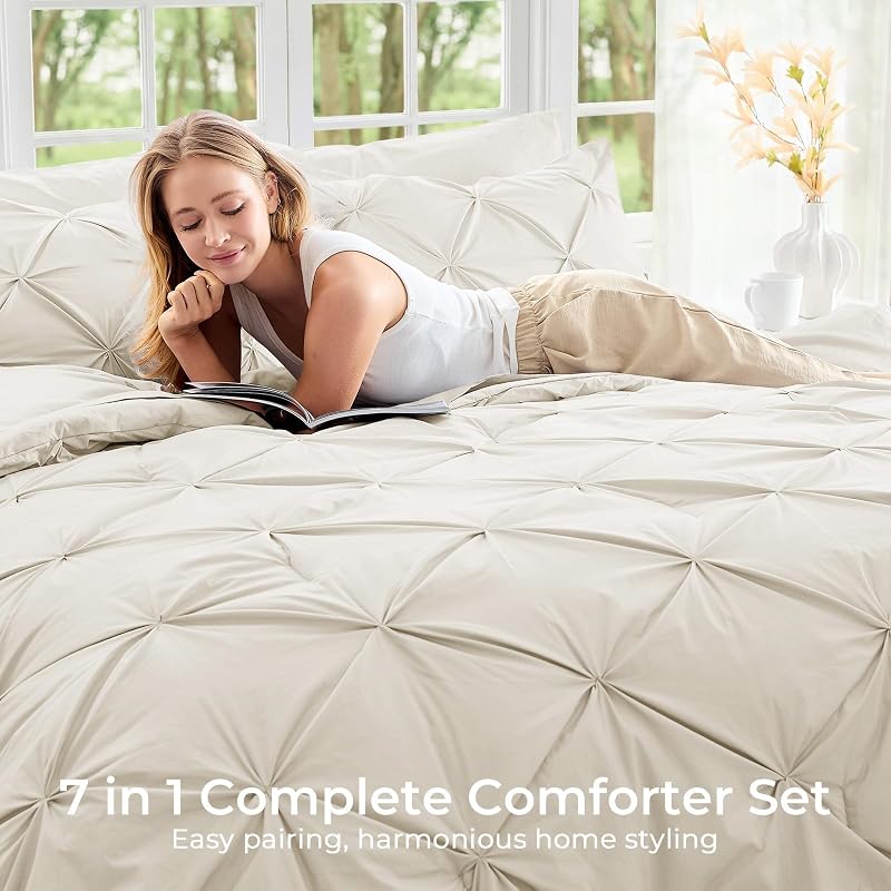 Sasttie Queen Comforter Set, 7-Piece Bed in a Bag, Pintuck Bedding Sets for All Season, Includes Comforter, Flat Sheet, Fitted Sheet, Pillowcases and Pillowshams, Beige image 6