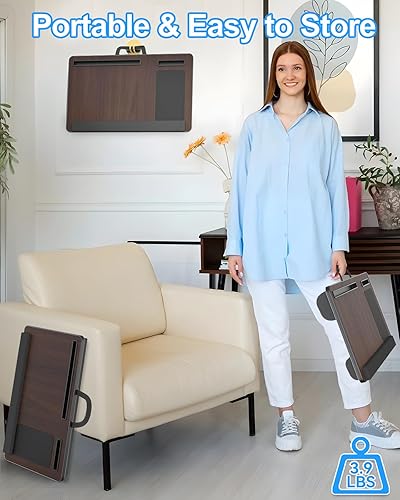 Miniatura 5 de Escritorio de regazo para laptop, escritorio portátil grande para cama, mesa de hasta 17 pulgadas con reposabrazos, alfombrilla de ratón, ranura