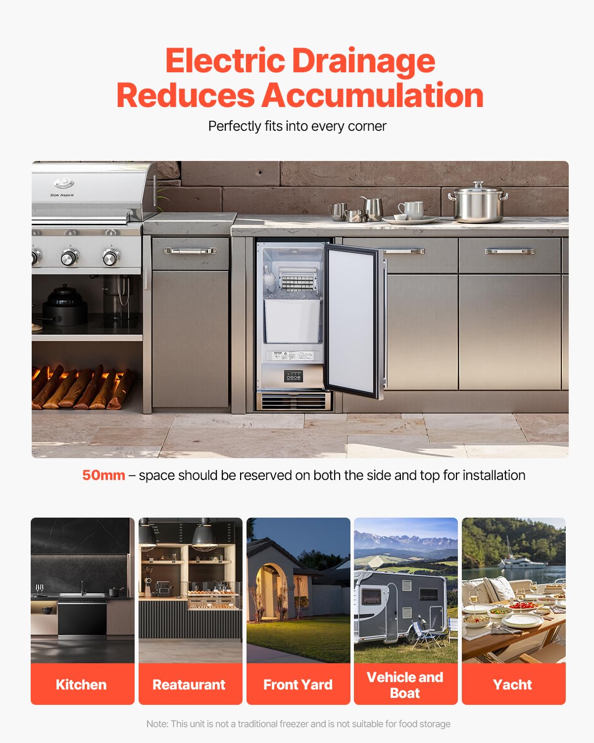 VEVOR Under Counter Ice Maker Machine, 50 Lbs/Day Built In Undercounter Ice Maker With Reversible Door, Stainless Steel, Freestanding Ice Make For Restaurant, Outdoor Kitchen, Terrace, Pool on Fridge.com - View 6