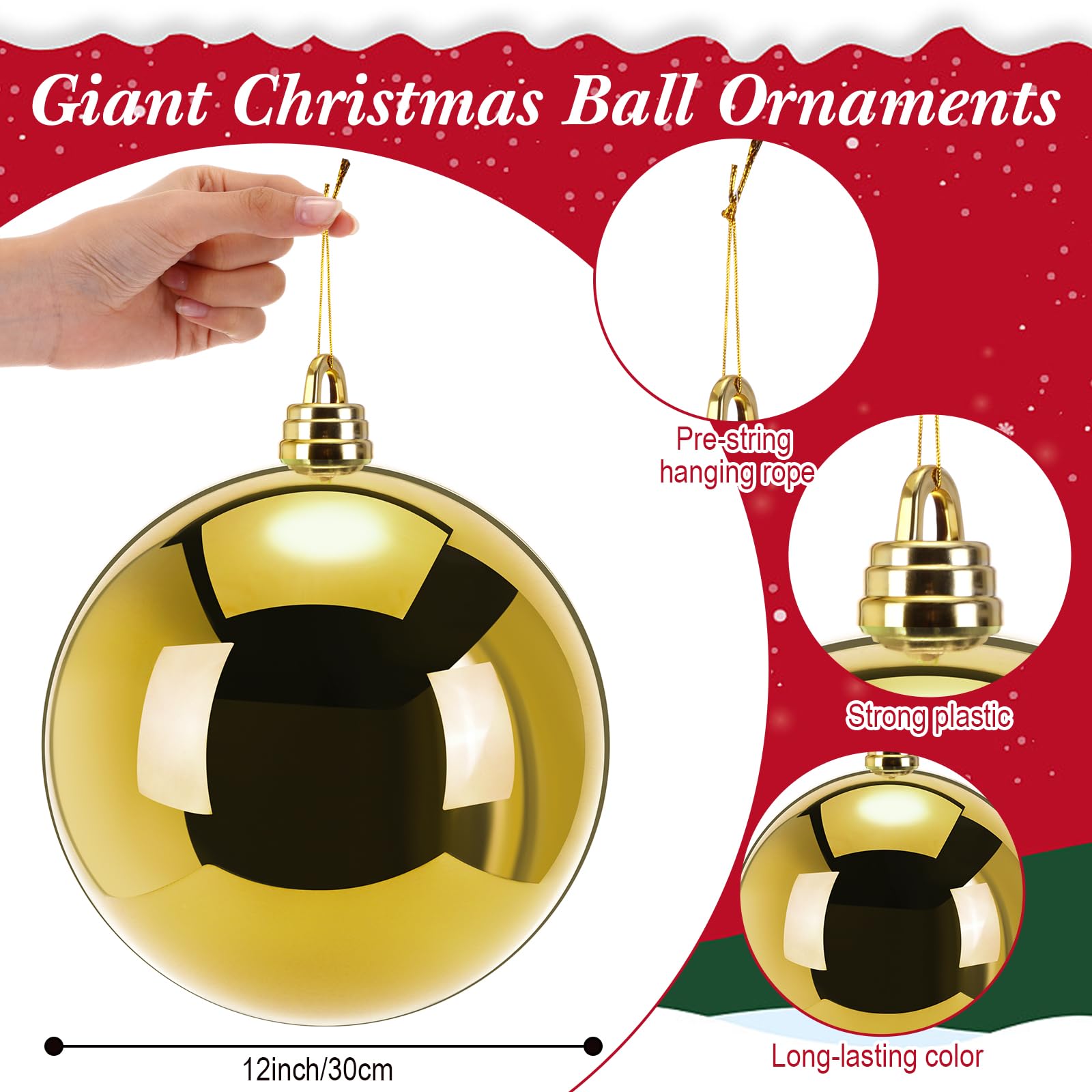 Riesige Weihnachtskugeln, 30,5 cm, extra große Weihnachtsbaumkugeln, rot, grün und gold, Kunststoffkugeln, hängende Ornamente für Weihnachtsbaum, Innen- und Außenbereich, Party-Dekoration (Rotgold), 2
