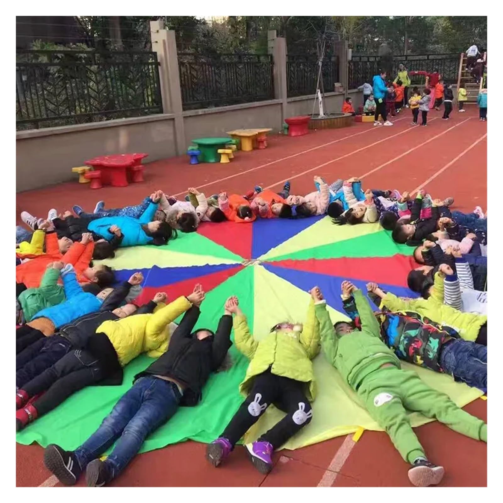 Bunt Fallschirm 2-6M Durchmesser Outdoor Camping Regenbogen Regenschirm Fallschirm Spielzeug Jump-Sack Interaktives Teamwork Spiel Spielzeug for Geschenk(6M(23-30 Person))