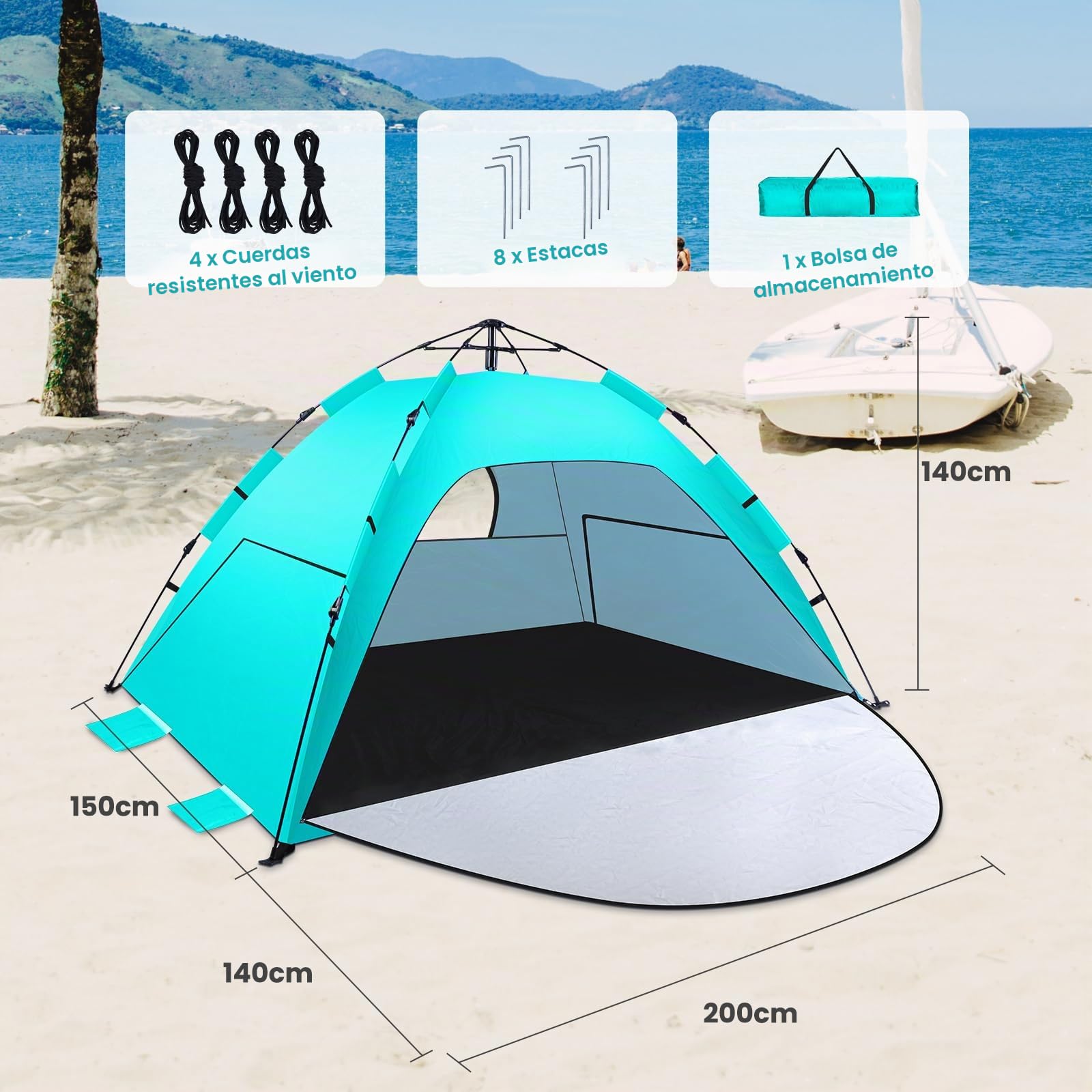 WARMTUYO Tienda de Playa Pop Up | Tienda Playa Instantánea en 3 Segundos para 3-4 Personas, Protección UV50+, Resistente al Viento, Ligera y Portátil para Playa y Camping