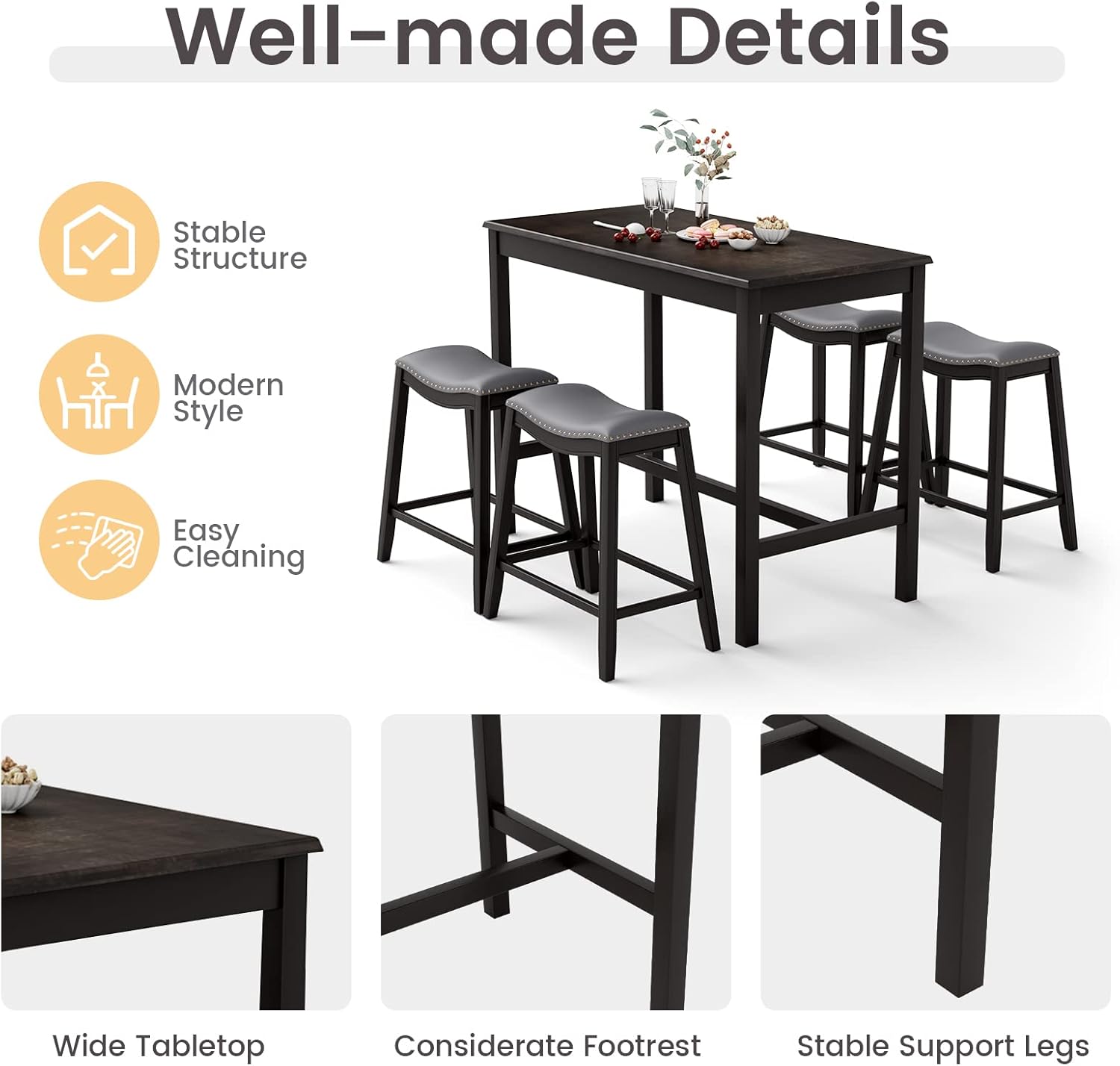 GOFLAME 5-Piece Bar Table Set - Modern Bistro Table with 4 Upholstered Stools, Perfect for Kitchen, Dining, or Pub