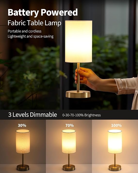 KDG Simple Cordless Table lamp, Portable Bedside 5000mAh LED Desk Lamp, 3 Brightness Levels Emergency Light, Linen Lampshade for Living Room, Bedroom, Dining Room, Night Light (Gold)