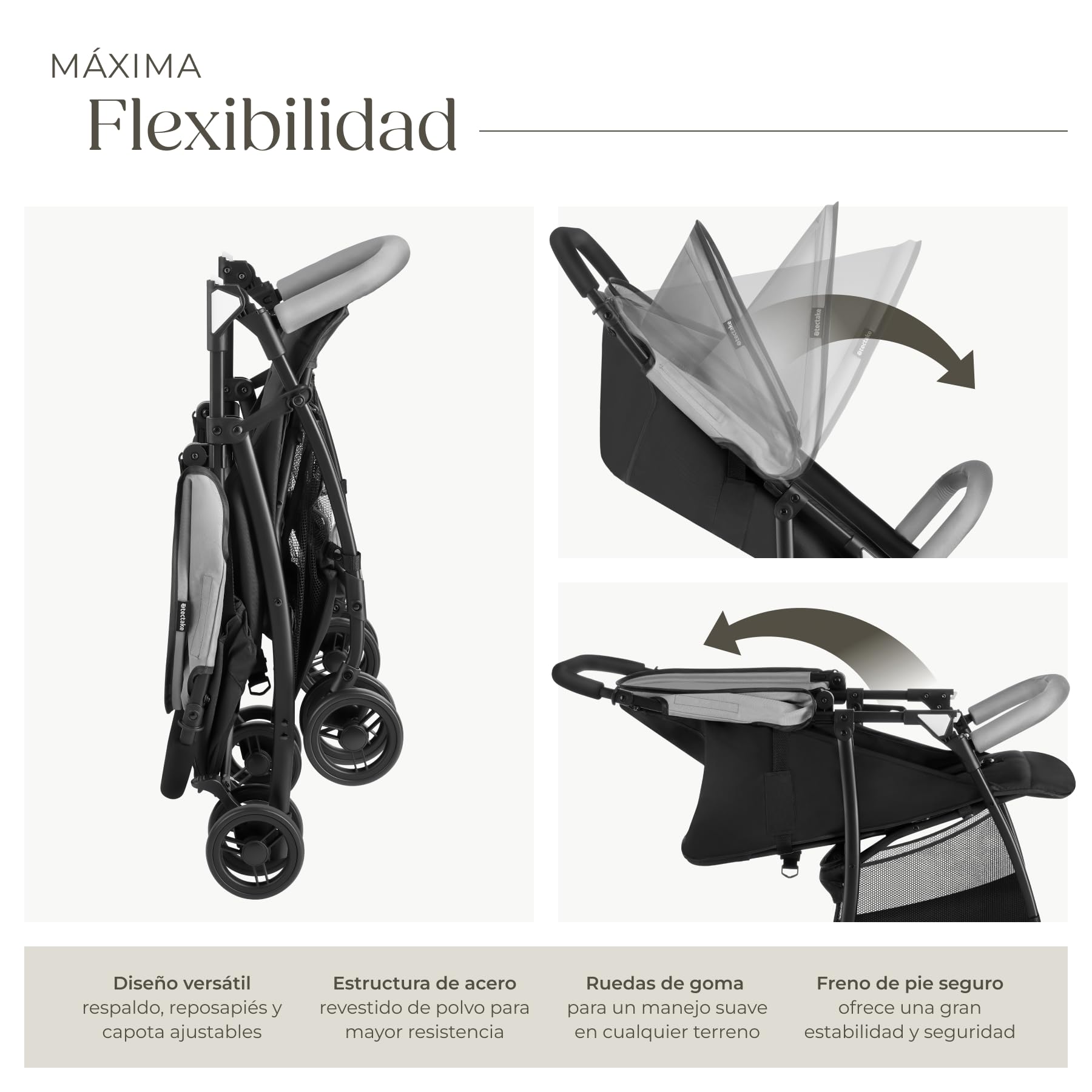 tectake® Carrito de Bebé Plegable, Cochecito Bebé con Arnés de 5 Puntos, Freno y Barra de Seguridad, Buggy con Respaldo y Reposapiés Ajustables, Capota Plegable, Apto de 0 a 36 Meses, 15 kg