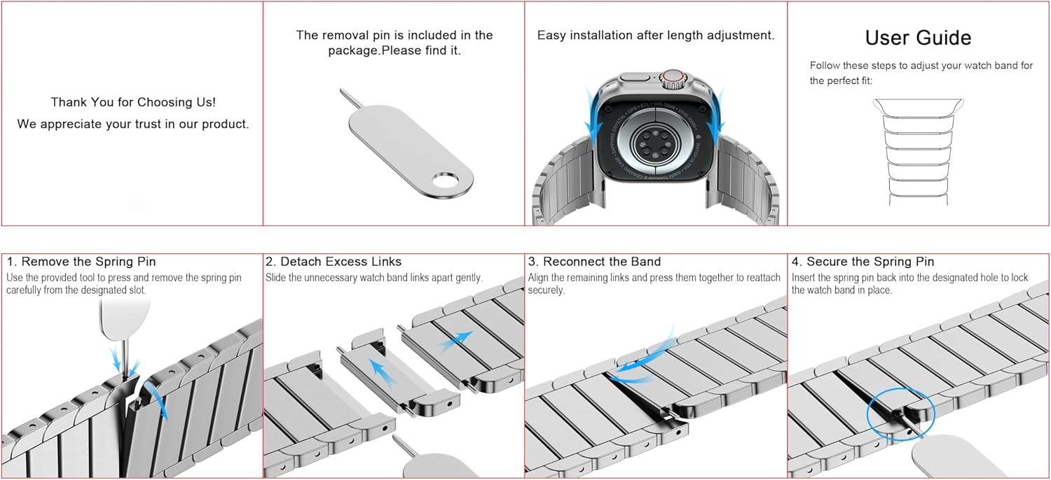 iiteeology Compatible with Apple Watch Bands 46mm/49mm/45mm/44mm/42mm/41mm/40mm, Luxury Stainless Steel Link Bracelet for Apple Watch Ultra 3/Ultra2/Series 1-11, 1 Bead - Image 8