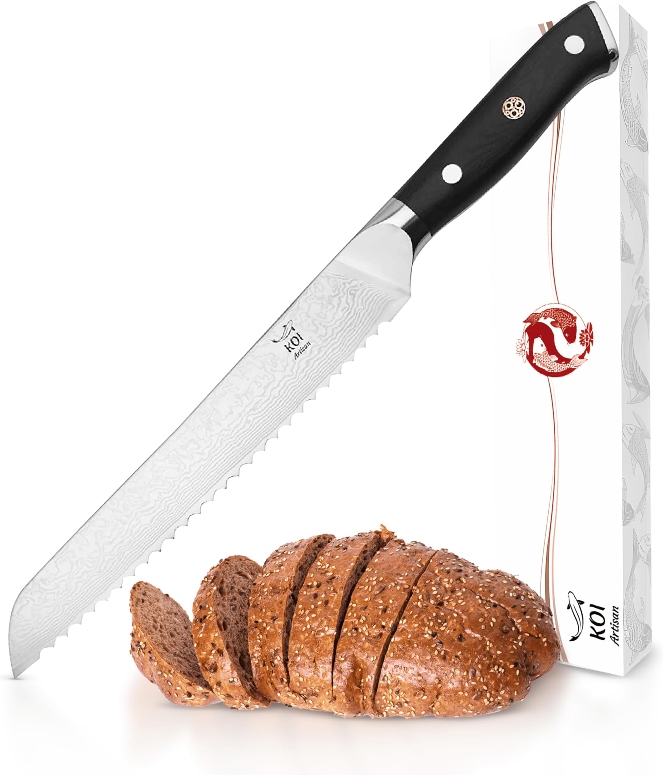 KOI ARTISAN Damascus Bread Knife - 8 Inch Razor Sharp Edge – Chef Knife 67 Layers of Japanese VG10 Super Steel - Military Grade G10 Handle Kitchen Knives