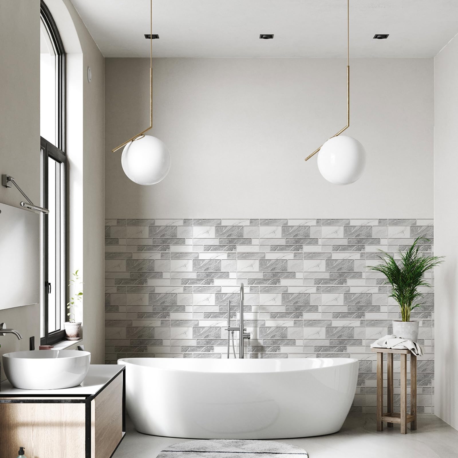 Decoroom Azulejos Autoadhesivos Gris & Blanco 15x30cm/24Pcs Baldosas Pegatinas Adhesivas Ladrillos Vinilo PVC Impermeable Decorativa Cocina Baños Baldosas Adhesivas Pared
