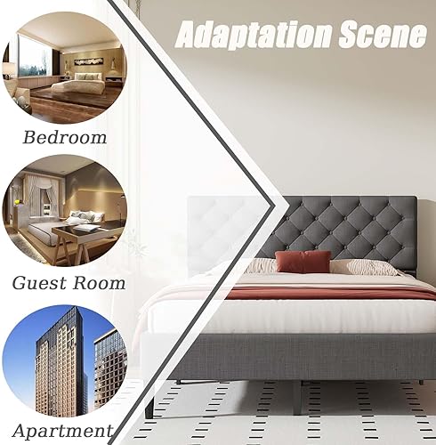 Miniatura 6 de TMEOSK Base de cama tapizada de lino de tamaño matrimonial con cabecera cómoda, plataforma moderna de mediados de siglo con soporte de listones de