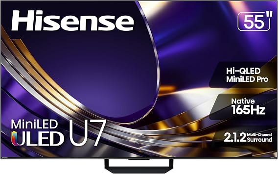 Hisense 55" U7 Mini-LED ULED 4K UHD Best Premium Gaming Google Smart TV 55U7SG, 2026 NEW - Hi-QLED, Native 165Hz, VRR 330, HDR10+, Dolby Vision IQAtmos, IMAX Enhanced, Anti-Reflection, 2.1.2 Ch