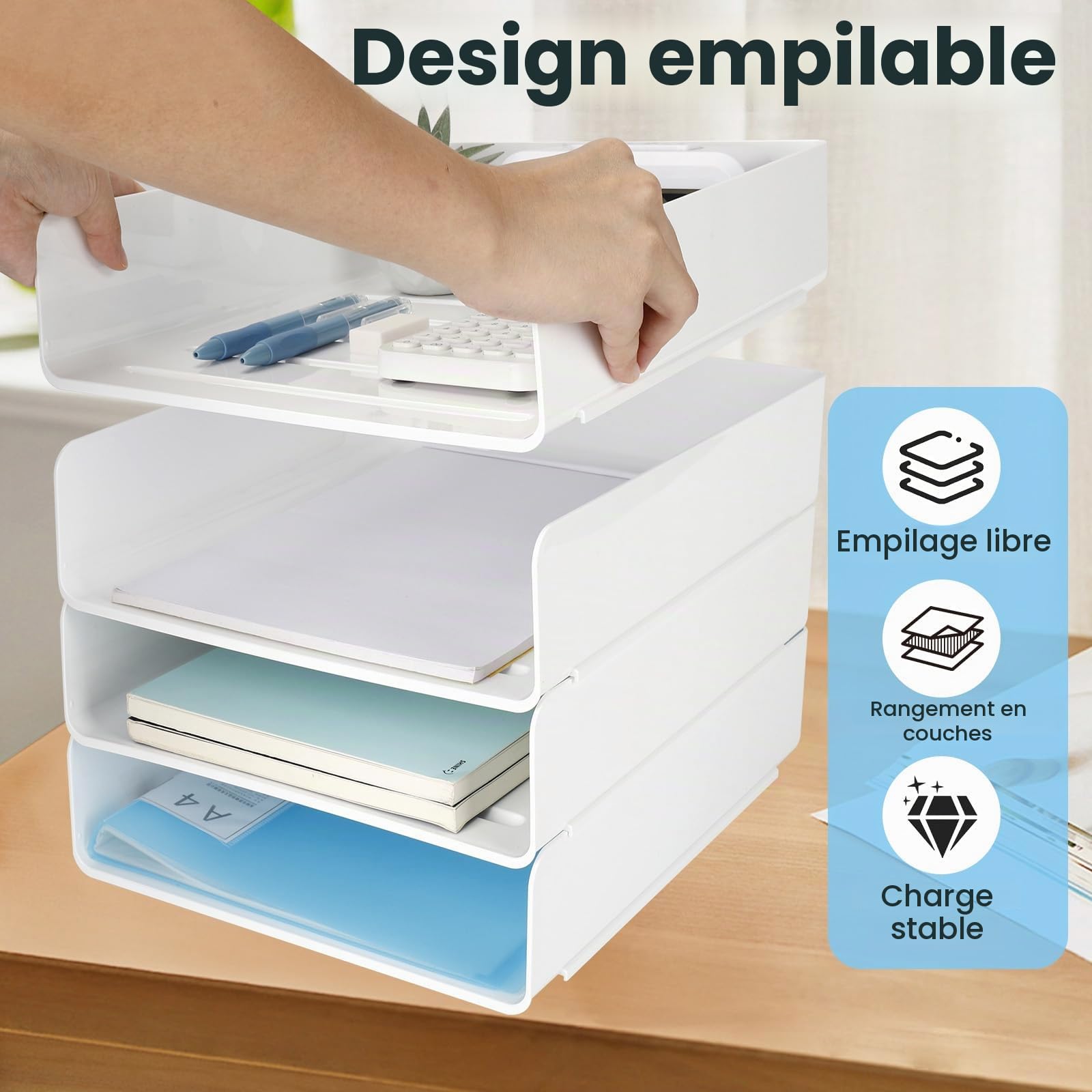 Lot de 4 Corbeille a Courrier Empilable - Bac a Courrier A4 en Plastique Pet Blanc - Rangement Bureau Organisateur - Banette Bureau