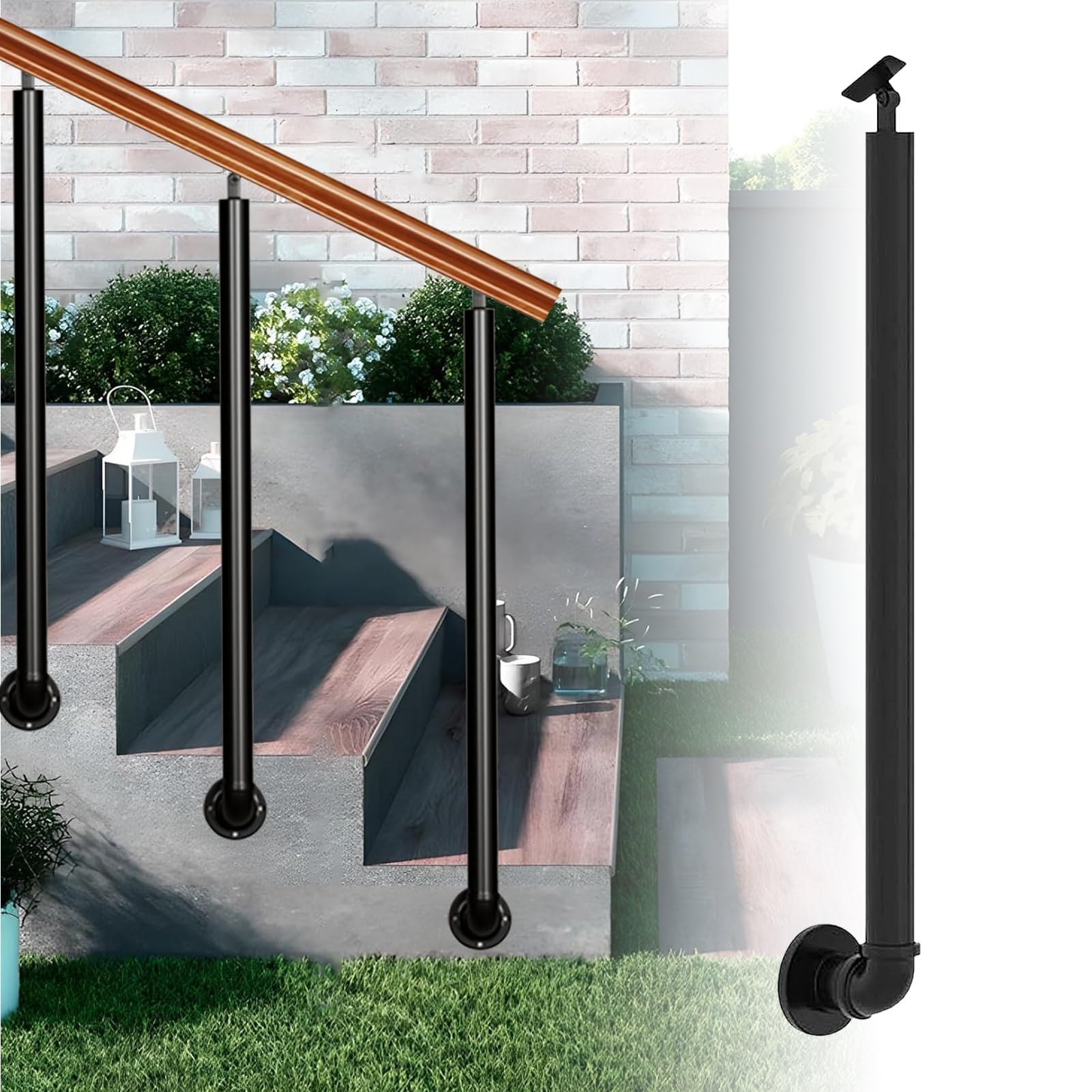 Renmlion Stair Railing Wrought Iron Transitional Handrails Pickets for Outdoor Step Side-Mounted Hand Rail with Fittings Porch Decking Railings Posts for Villa Loft Entryway(85cm(33.5in))