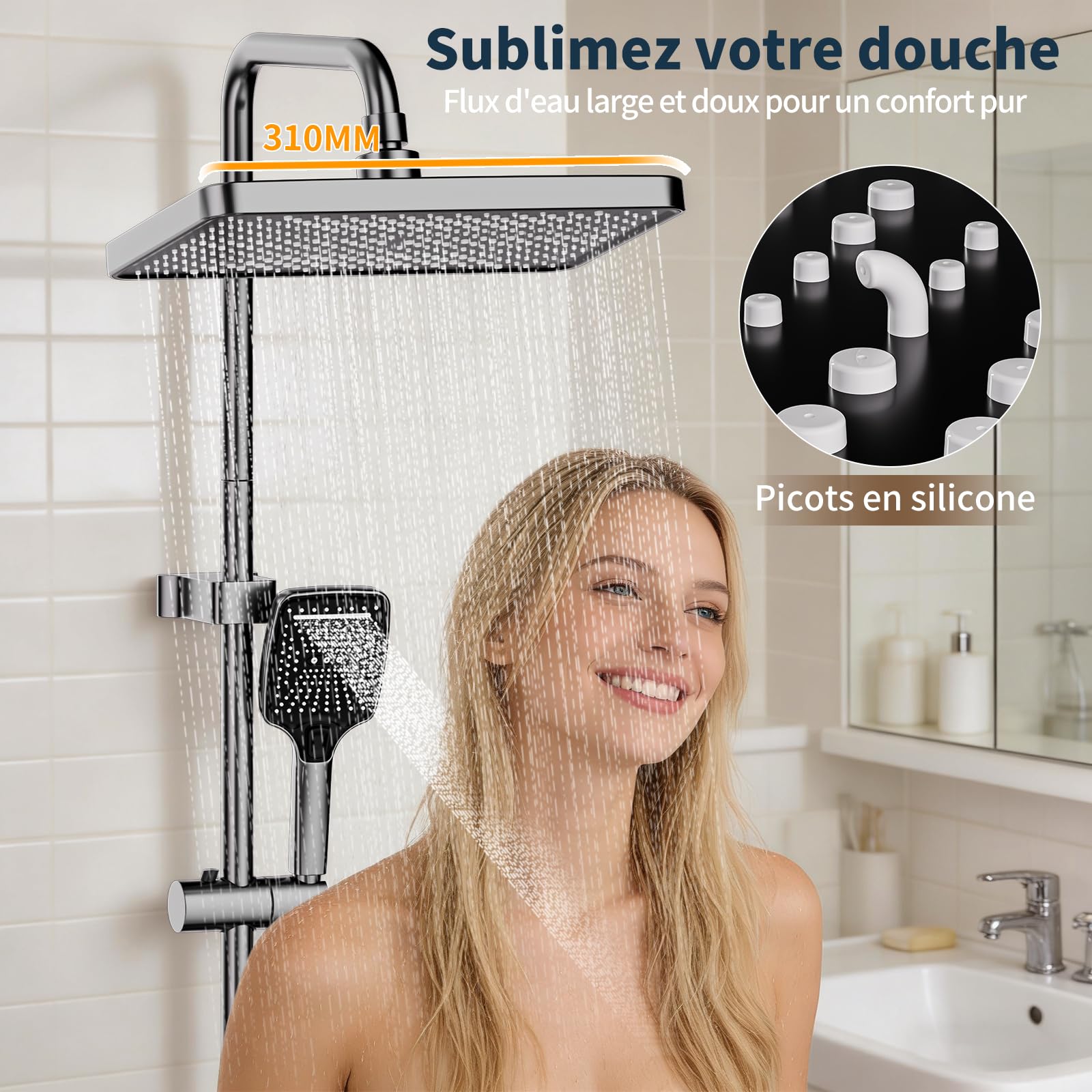 Colonne de Douche Gris Fusil Miroir avec Mitigeur - Touches Piano 4 Fonctions - Système de Douche Moderne avec Tête de Douche XXL Carrée, Douchette 3 Jets - Tube Inox Réglable 950-1350mm