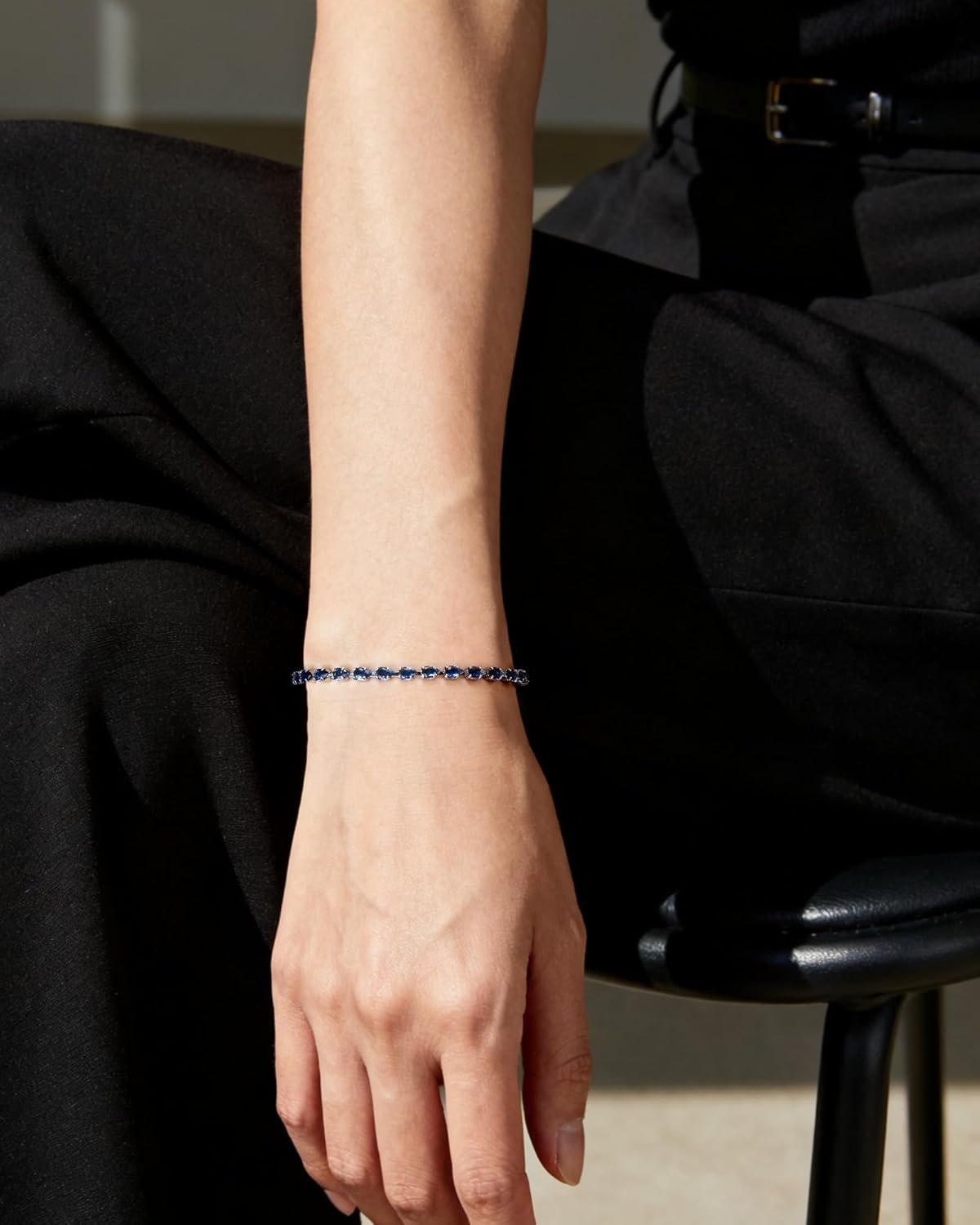 Blue Chain Bracelet for Women Adjustable Chain Bracelet with Teardrop Blue Rhinestone in Sterling Silver Plated Chain, Dainty Tennis Jewelry Gift for Her Mom Wife Anniversary Christmas Jewelry - Image 6