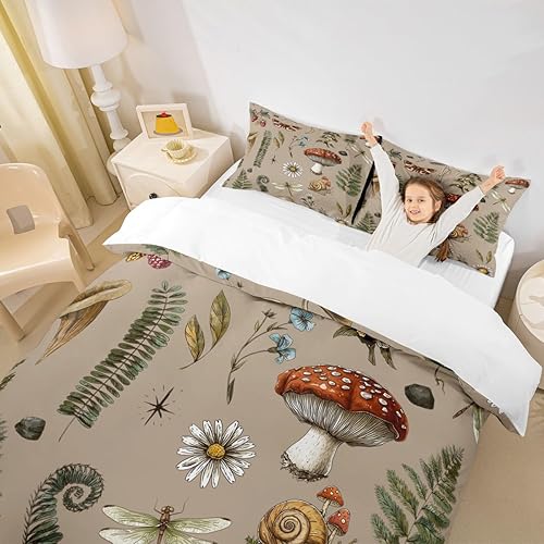 Miniatura 126 de Juego de funda de edredón de 3 piezas, diseño de hongos, diseño de hojas botánicas de acuarela y fresa, para niños, adolescentes, adultos, libélula