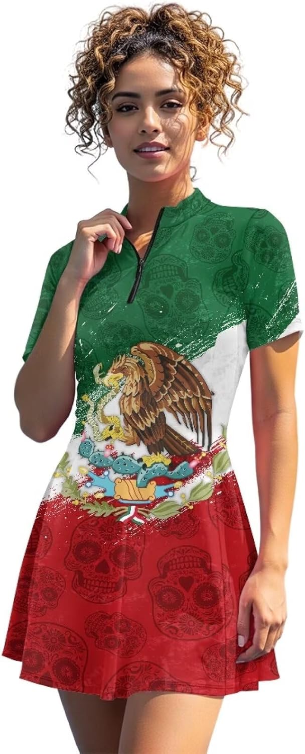 Women's Tennis Dress Short Sleeve 2025 Golf Dress with Built in Shorts Half Zip Workout Athletic Dress