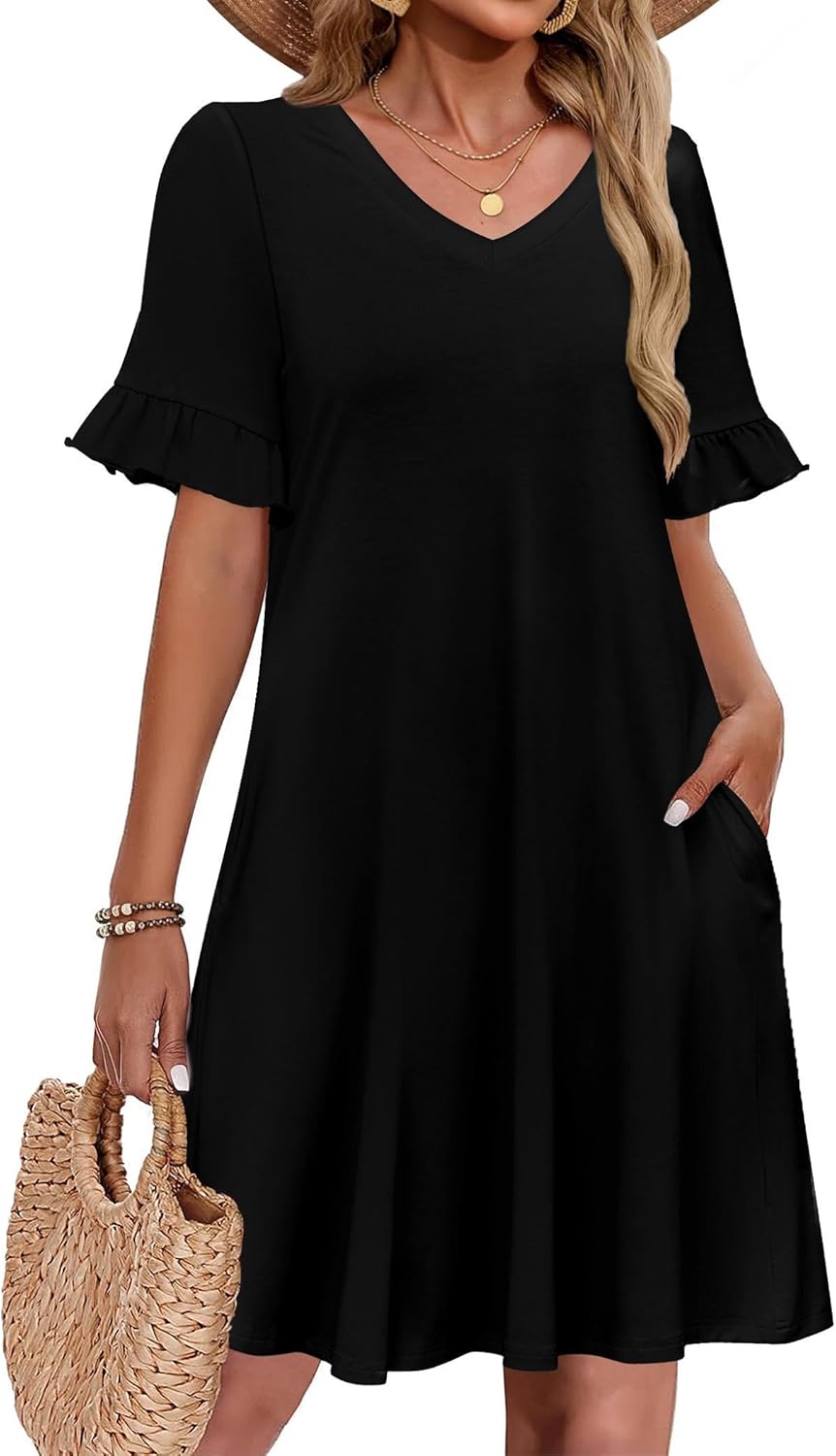 Zeagoo Summer Casual Dresses for Women A Line Sun Dress Ruffle Short Sleeve V Neck Floral Tshirt Dress with Pockets - Image 2