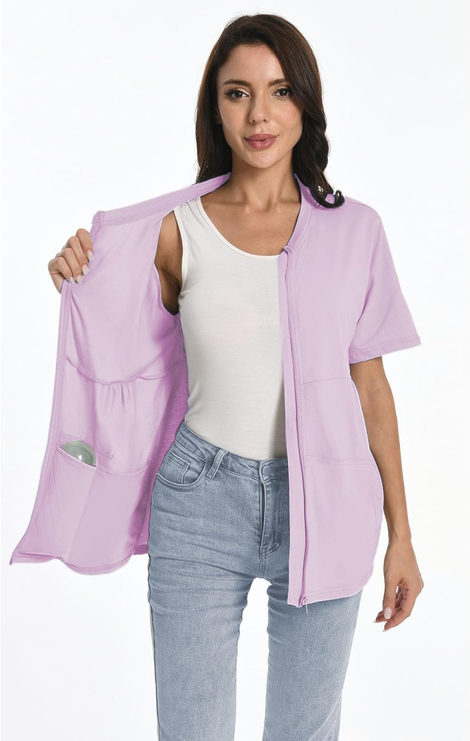 Post Mastectomy Zip Shirts with Drain Pockets Surgery Recovery Must Haves Clothing Comfy Short Sleeve Shirts - Image 6