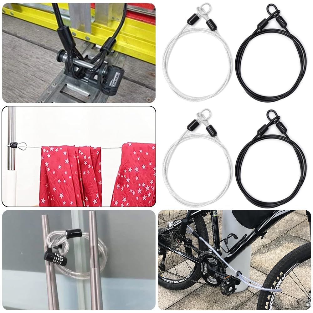 4 piezas Cable de seguridad de acero 1m,Cable Antivol,Cables de bloqueo con revestimiento de PVC,Trenzado con hebilla Cable para equipaje al aire libre Viajes Familia (Negro,Plata)