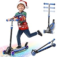 DEROFIT Kids 3 Wheel Kick Scooter 3-7 Years Light Up Wheels, Lean-to-Steer, Adjustable Handlebar, Wide Deck, 150lbs, Folding