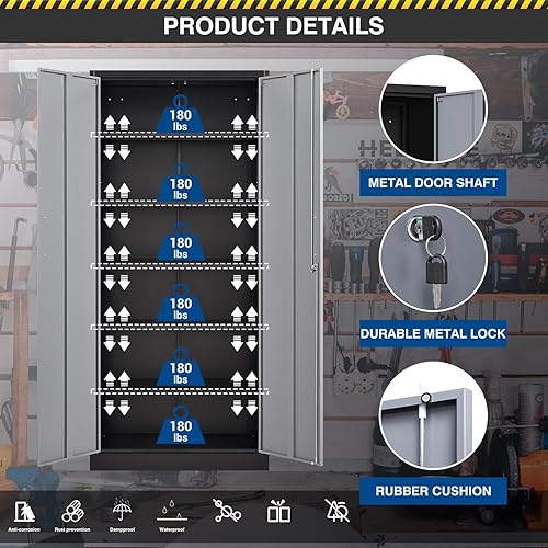Miniatura 19 de Armario de almacenamiento de metal de 71 pulgadas con cerradura, resistente, gabinetes de herramientas de garaje con puertas y estantes, gabinete