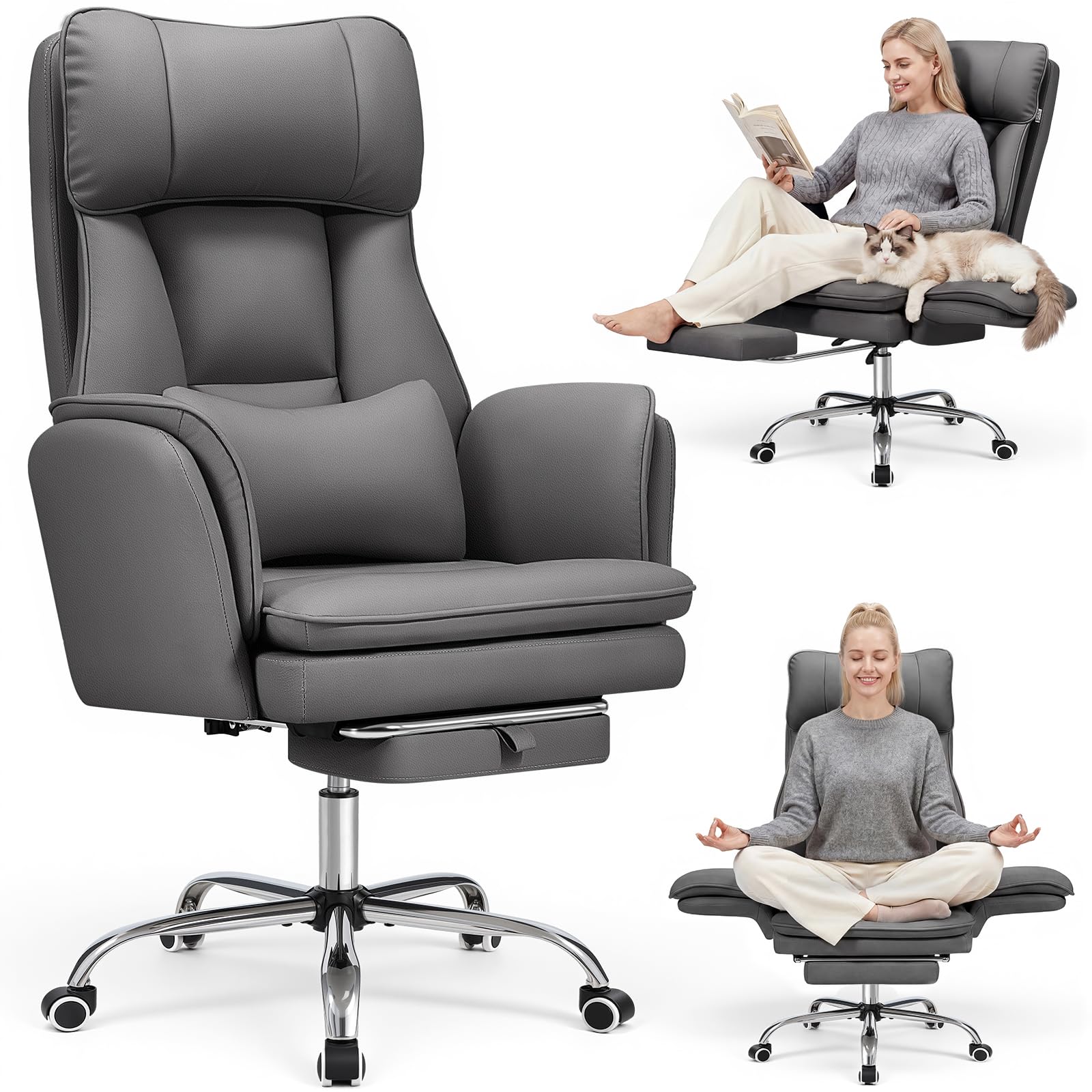 Warmiehomy Big and Tall Office Chair for Home, Computer Chairs PU Leather, Flip Armrests for Pets and Cross Legged Office Chair Ergonomic, Comfy Gaming Desk Chair with Foot Rest Lumbar Support, Grey