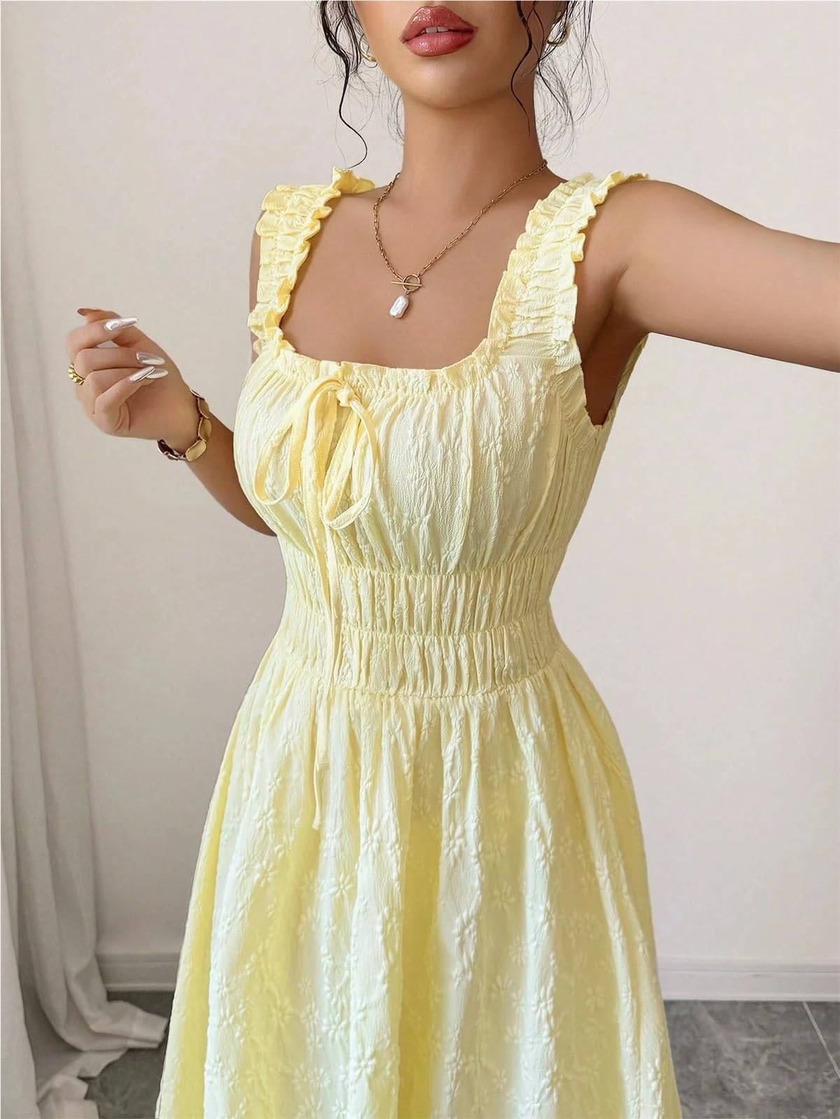Vestido de Playa Vestidos Casuales for Mujer Sólido Amarillo Smocked Chic Primavera Verano Fiesta Fecha Vacaciones