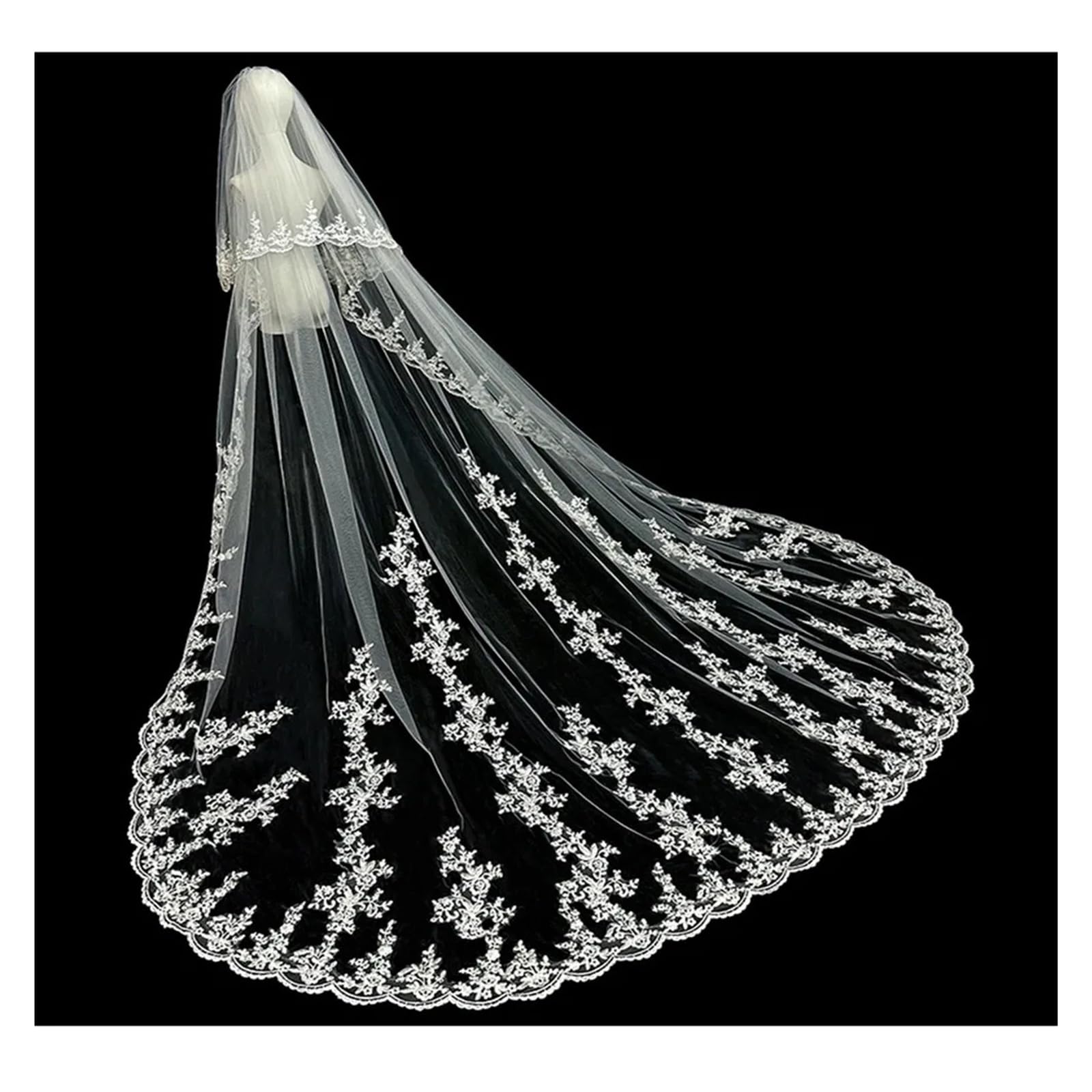 Schleier Braut Weißer Elfenbein 3M 4M 5m Zweischichtiger Hochzeitsschleier mit Kamm, Spitzenkante, Brautschleier, appliziertes Kathedralen-Hochzeitszubehör Brautschleier(Ivory,500cm)