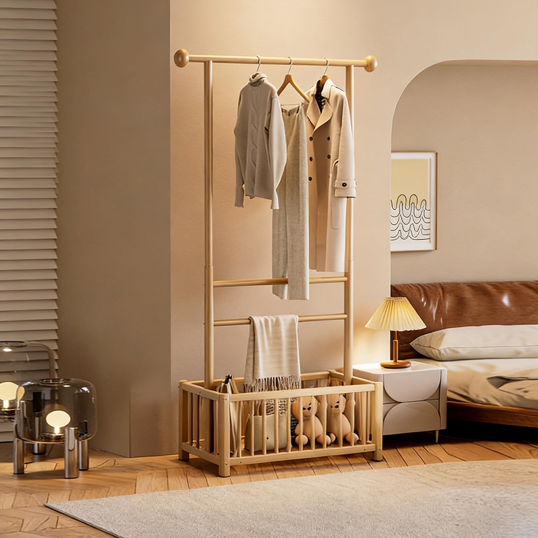 Porte-manteau robuste anti-basculement en bois massif de 170 cm avec grand panier