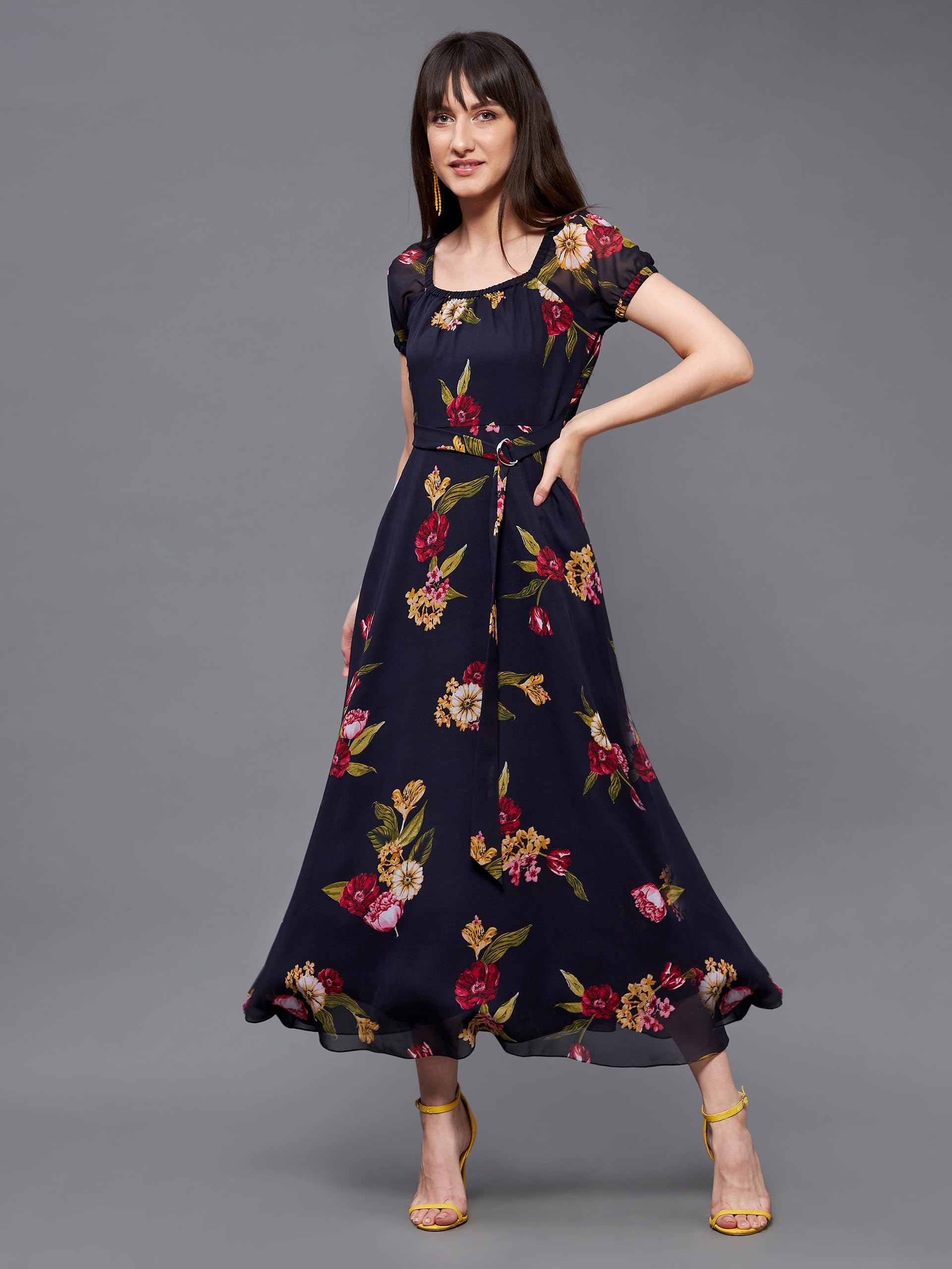Miss Chase Women's Square Neck Short Puff Sleeve Floral Fit & Flare Georgette Midi Dress (Mcss22D16-21-178-02, Multicolored-Base-Navy Blue, Xs)