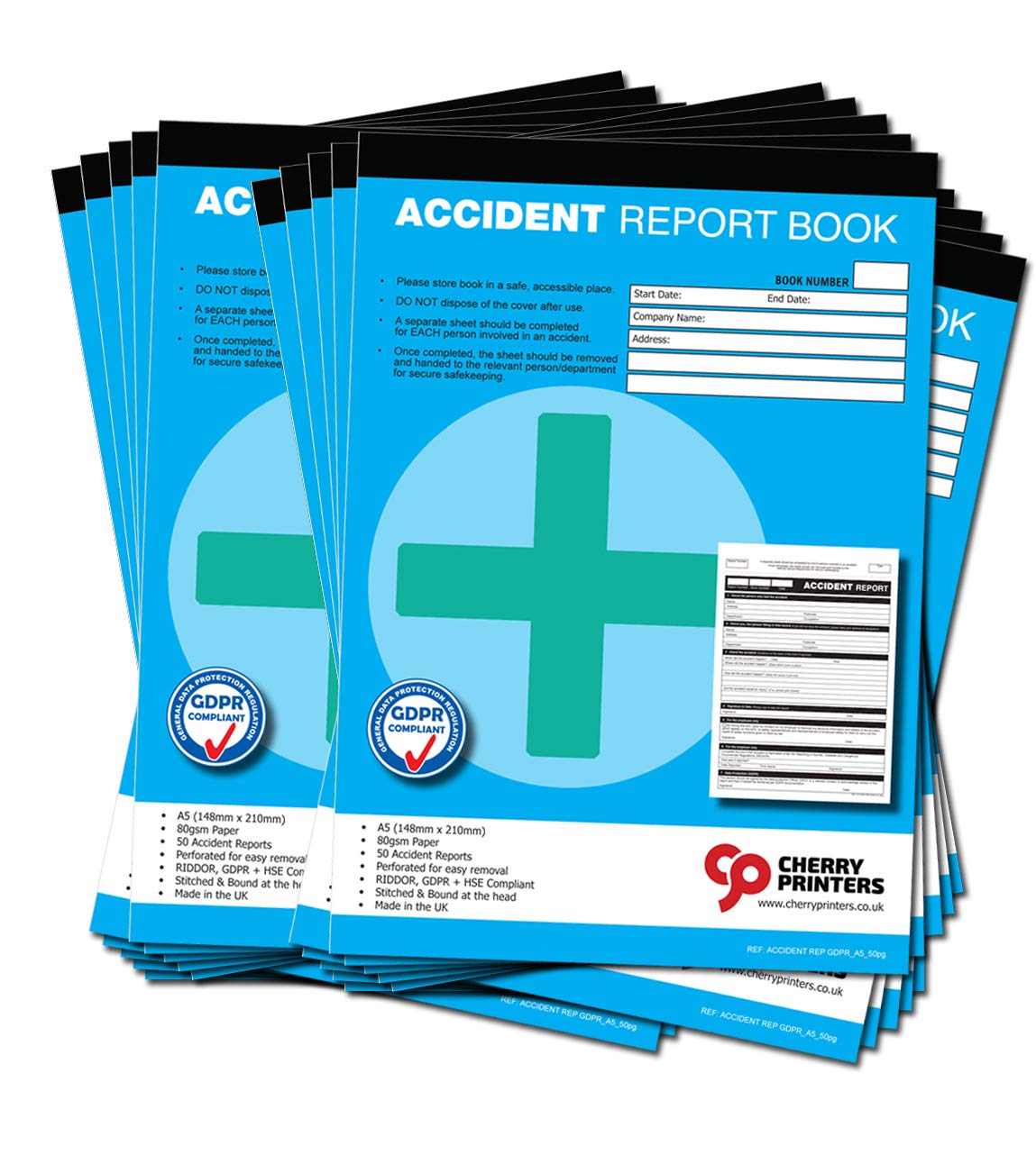Cherry GDPR Compliant Accident Report Book A5 | 50 Accident Forms | RIDDOR + HSE Compliant | Perforated for Easy Removal | 80gsm Paper | Stitched at Head | Made in UK | **20 Pack** — image 1
