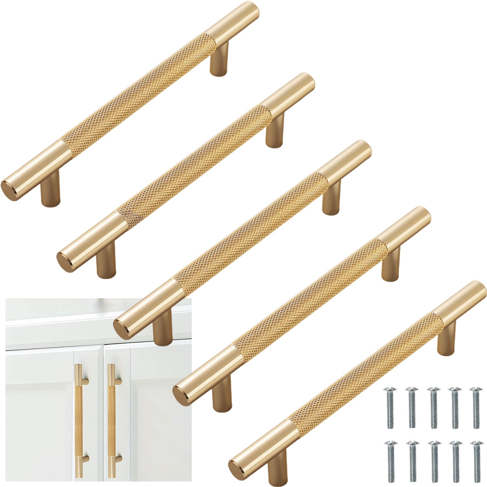 Bikasun 5 PCS Gold Cabinet Handles 128mm(5 Inch) Hole Center, T Bar Modern Cabinet Pulls Kitchen Handles Cabinet