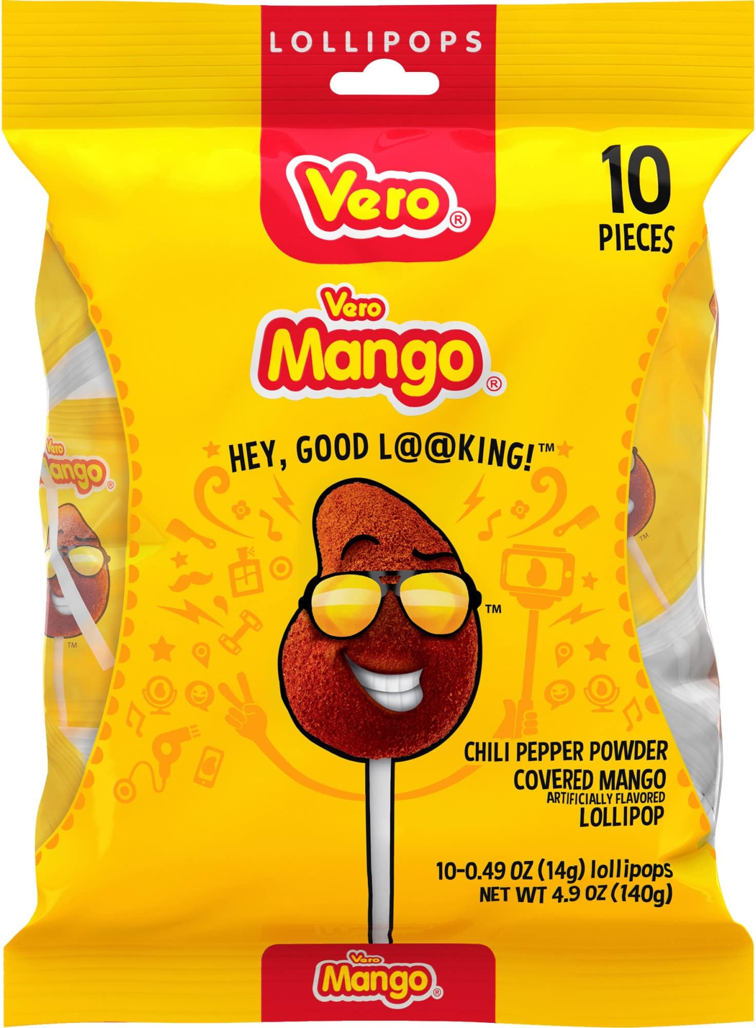 Mango Flavored Lollipops Coated with Chili Powder 10 Count Bag (Net Wt. 5.6 Ounces) - Individually Wrapped Mexican Candy for Piñatas, Halloween, and More.
