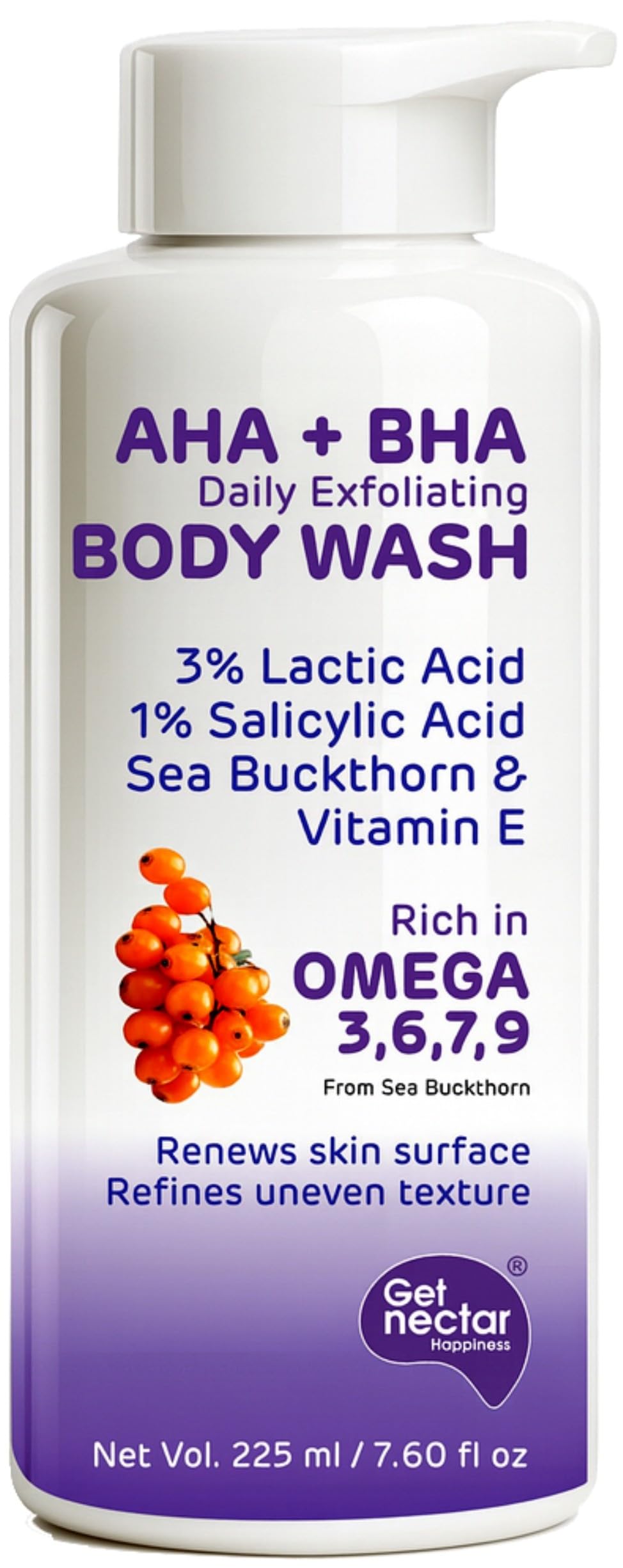 Get Nectar Happiness Exfoliating Body Wash with 4% Actives (3% Lactic Acid + 1% PHA) + Omega 3 , 6 , 7 , 9 | Sulfate & Paraben Free Shower Gel | Clears Tan & Body Acne | Smooth, Glowing & Healthy Skin | For Men & Women | 225 ml