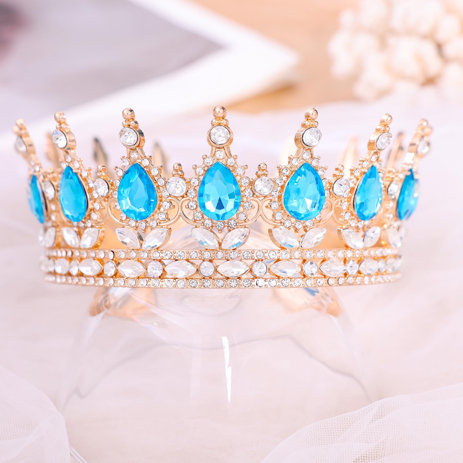 Blue Rhinestone Queen Crown Tiara for Women Bridal Prom Birthday CAVETEE Blue Baroque Queen Crown - Luxurious Rhinestone  main image 3