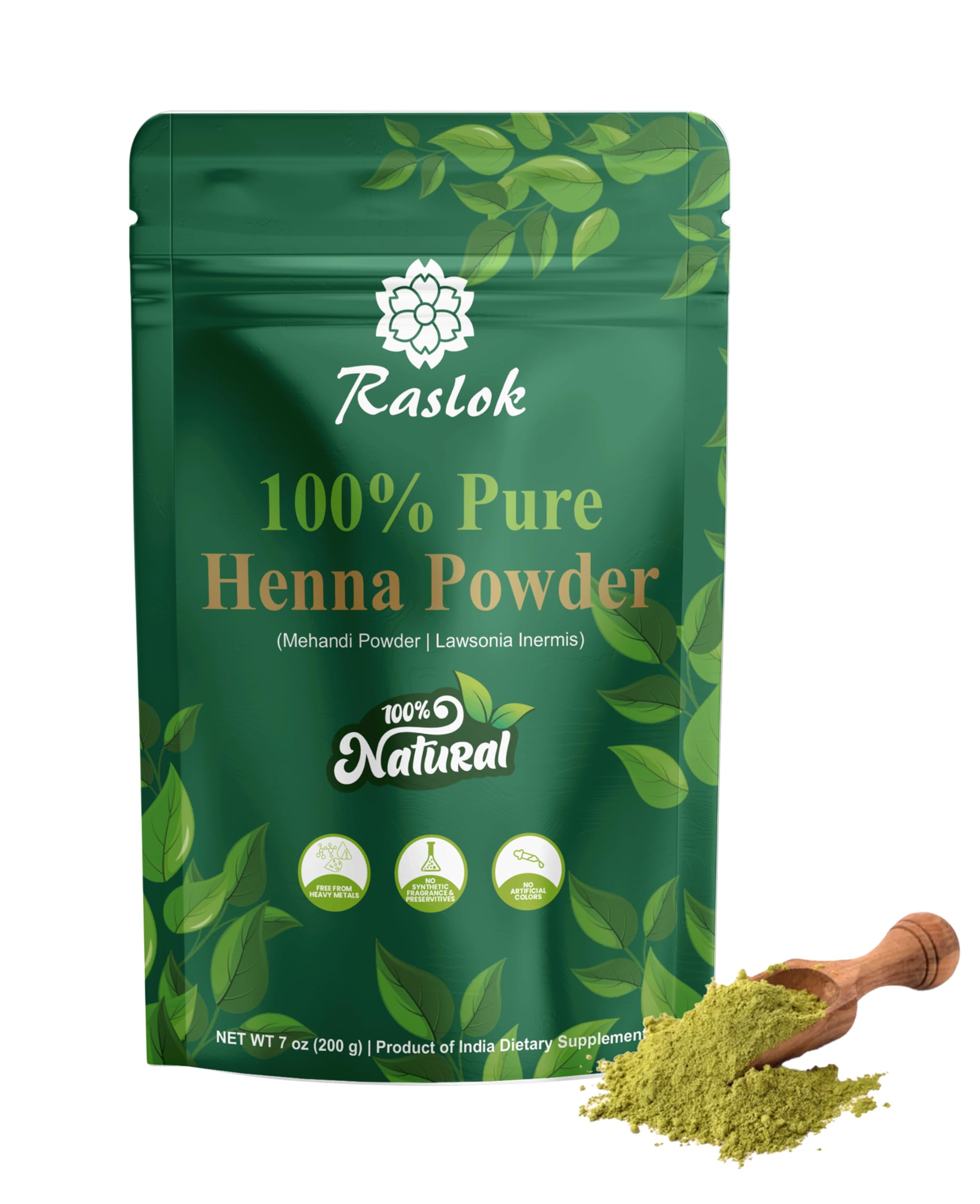 Raslok 100% Pure Henna Powder – Lawsonia Inermis – Triple-Sifted Fine for Hair Care – Vegan – 200g / 7 oz