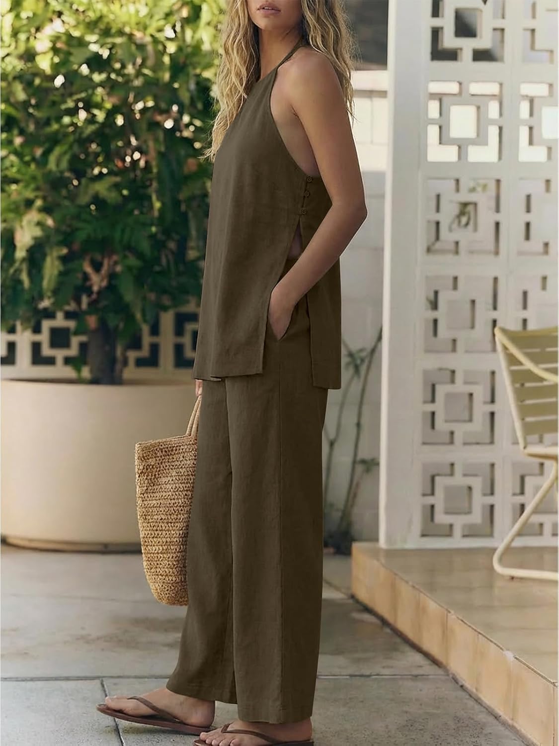 UNCOOYEE Womens 2 Piece Linen Set Halter Side Split Top Wide Leg Pants Set image 2