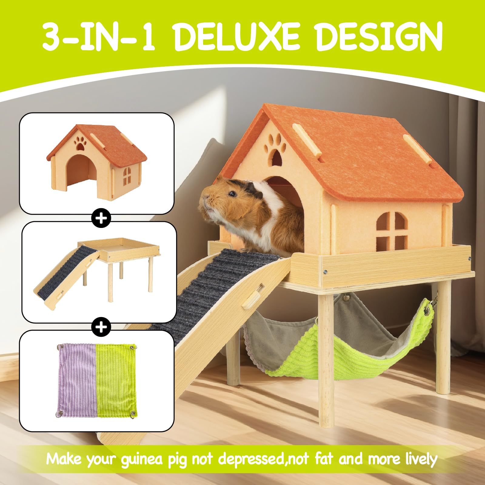 BESNEW Hamaca de cobaya 3 en 1 ampliada, escondite de madera con casa, plataforma y escaleras, juguetes de animales pequeños para ocultar actividades para dormir