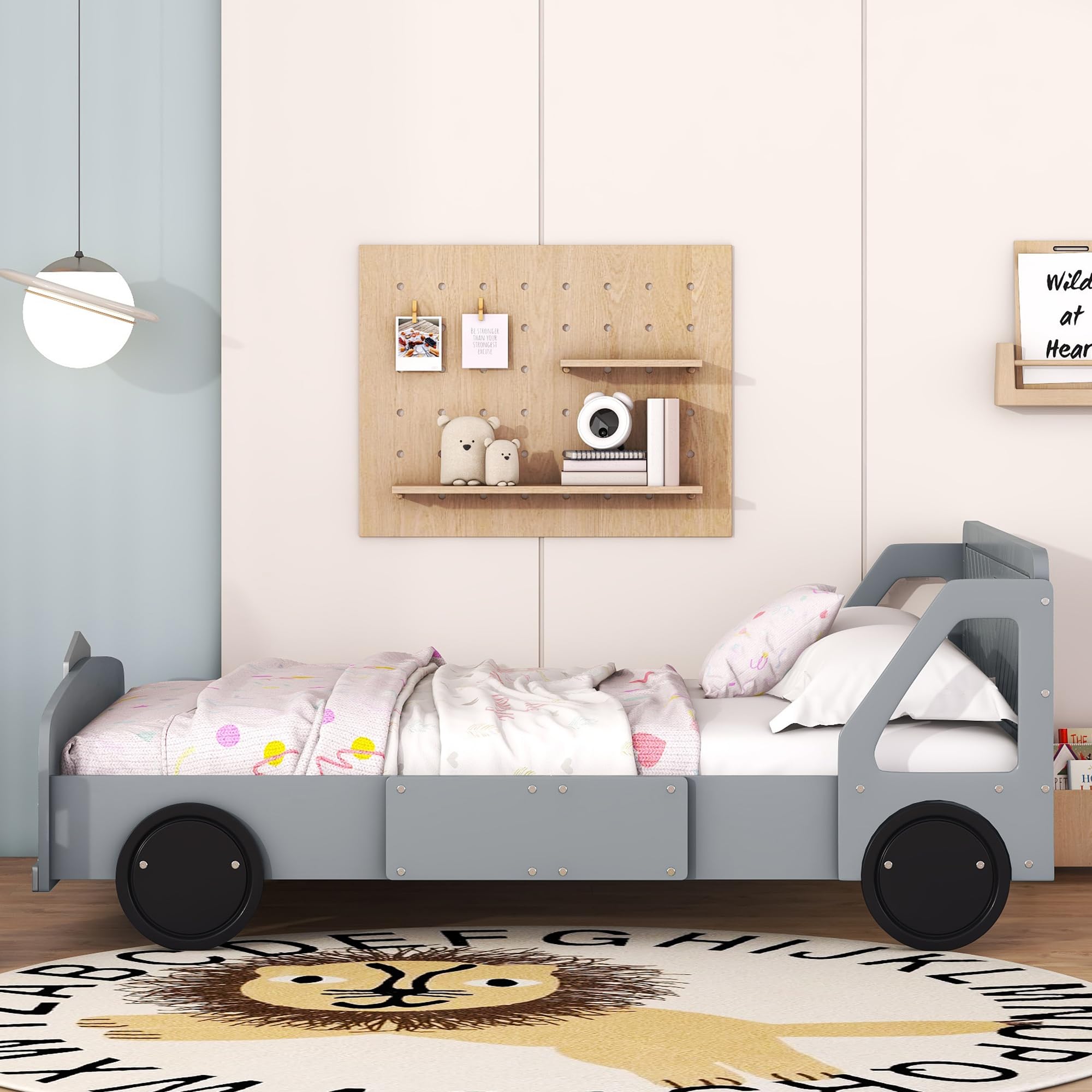 Merax Full Kids Bed Car-Shaped Wooden Platform Bed with Wheels for Kids, Teens, Boys or Girls, Gray