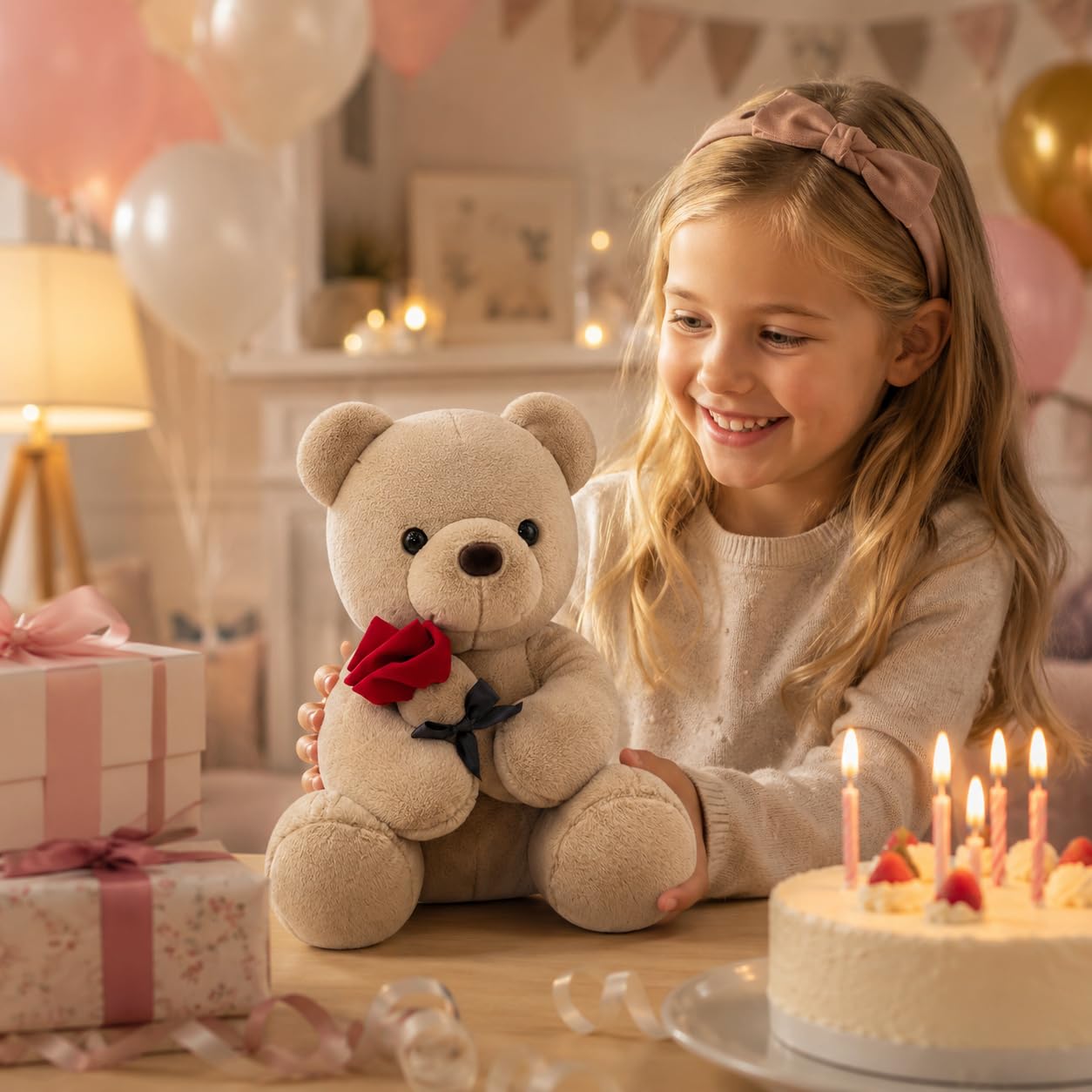 Orsacchiotto peluche con rosa, simpatico peluche giocattolo, idea regalo per bambini, ragazzi, ragazze, compleanno, Natale, San Valentino (45 cm, marrone)