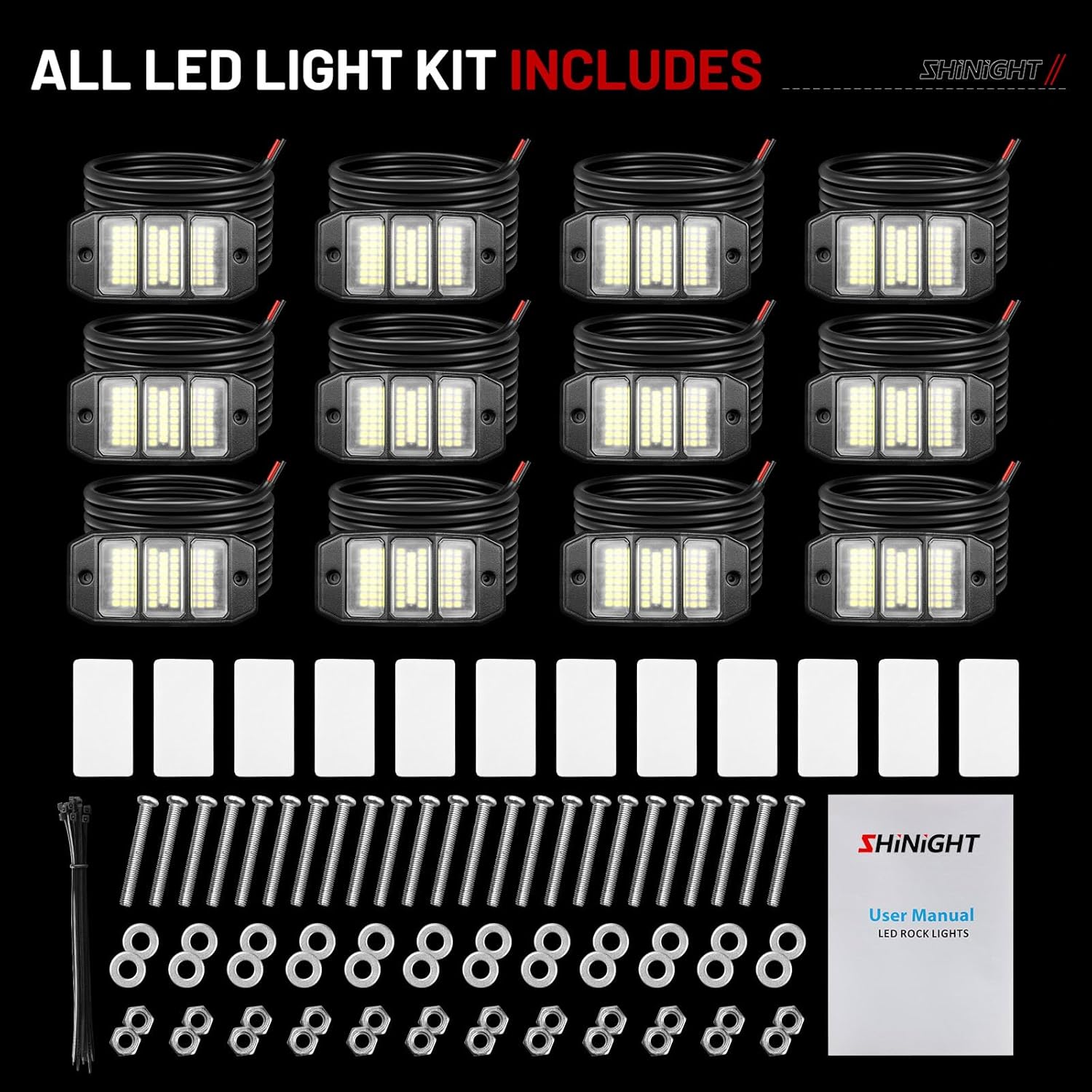SHINIGHT 12PCS White Rock Lights, Super Bright Pure White 6000K Rock Lights for Trucks,72 SMD LED Chips Each Light,3M/9.84FT Extension Wires,Waterproof IP68 Underglow Lights for ATV UTV Cars Boats